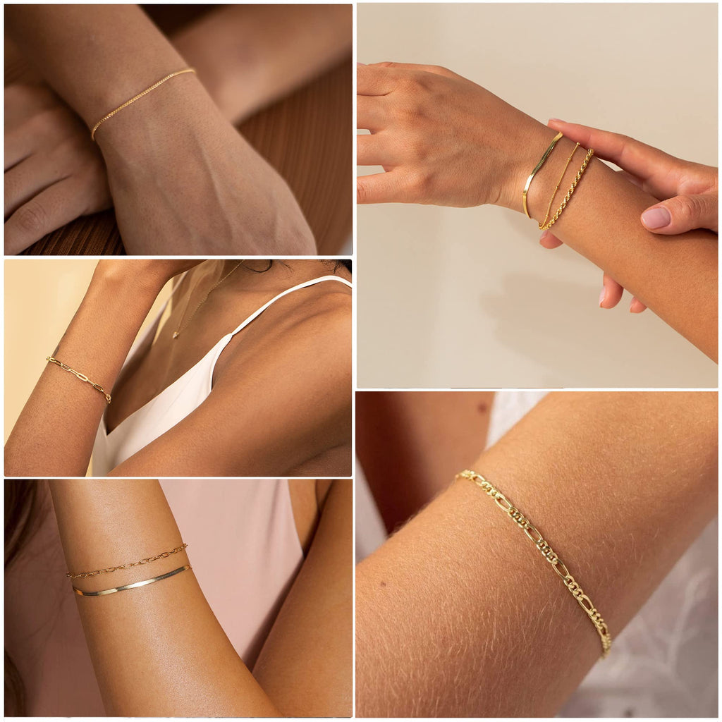 DEARMAY 14K Gold Plated Bracelets for Women Jewelry Sets Stack Trendy Dainty Stackable Paperclip Rope Snake Box Figaro Chain Bracelets Pack Costume Fashion Gifts