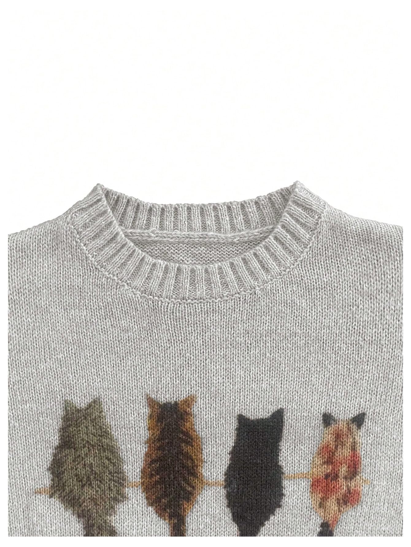 WDIRARA Women's Cat Graphic Sweater Long Sleeve Crew Neck Knit Tops Casual Knitwear Grey Small
