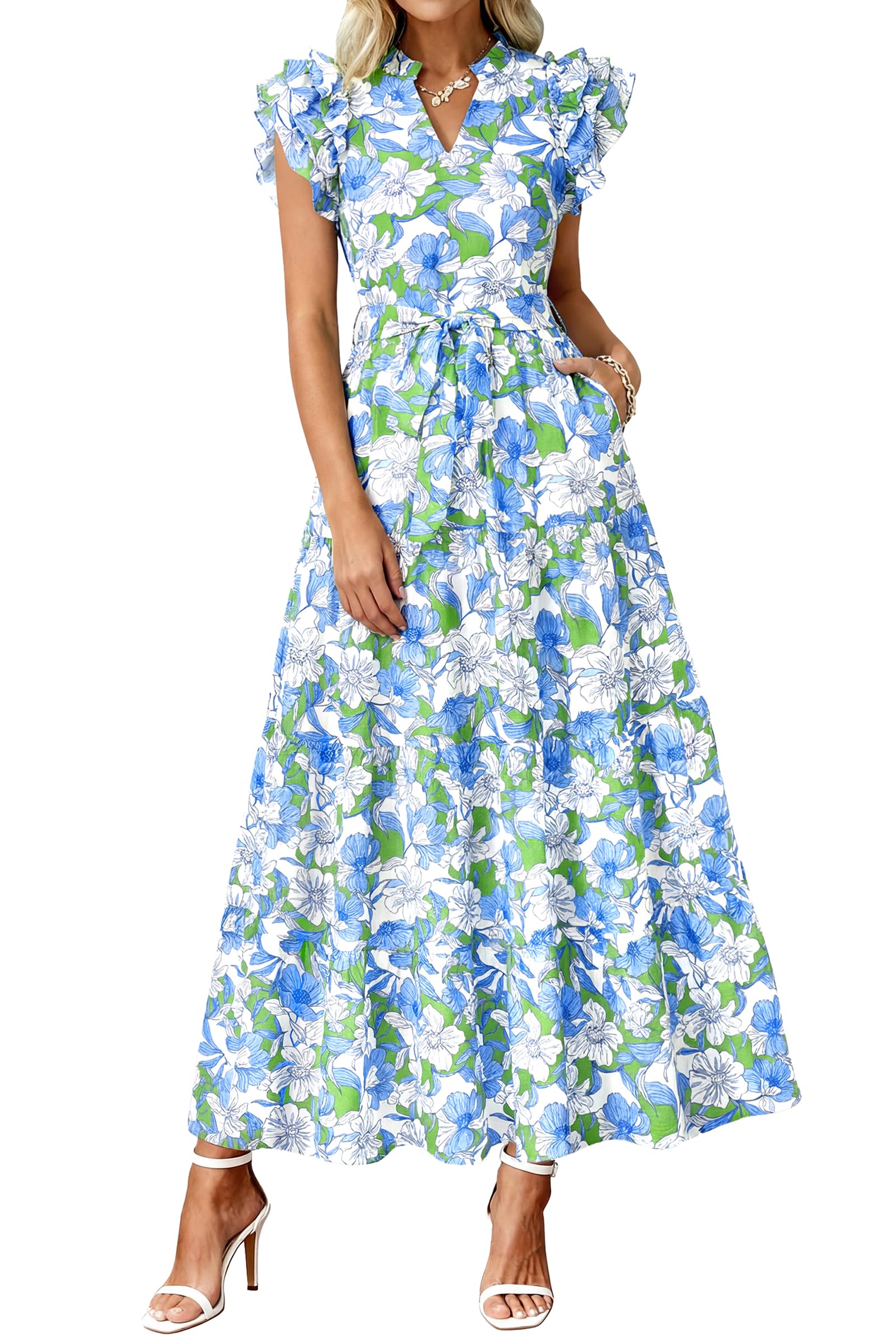 dowerme Women Summer Maxi Dresses 2026 Ruffle Sleeve V Neck Floral Boho Long Dress Belted Tiered Sundress with Pockets(Floral White Multicolored,Small)
