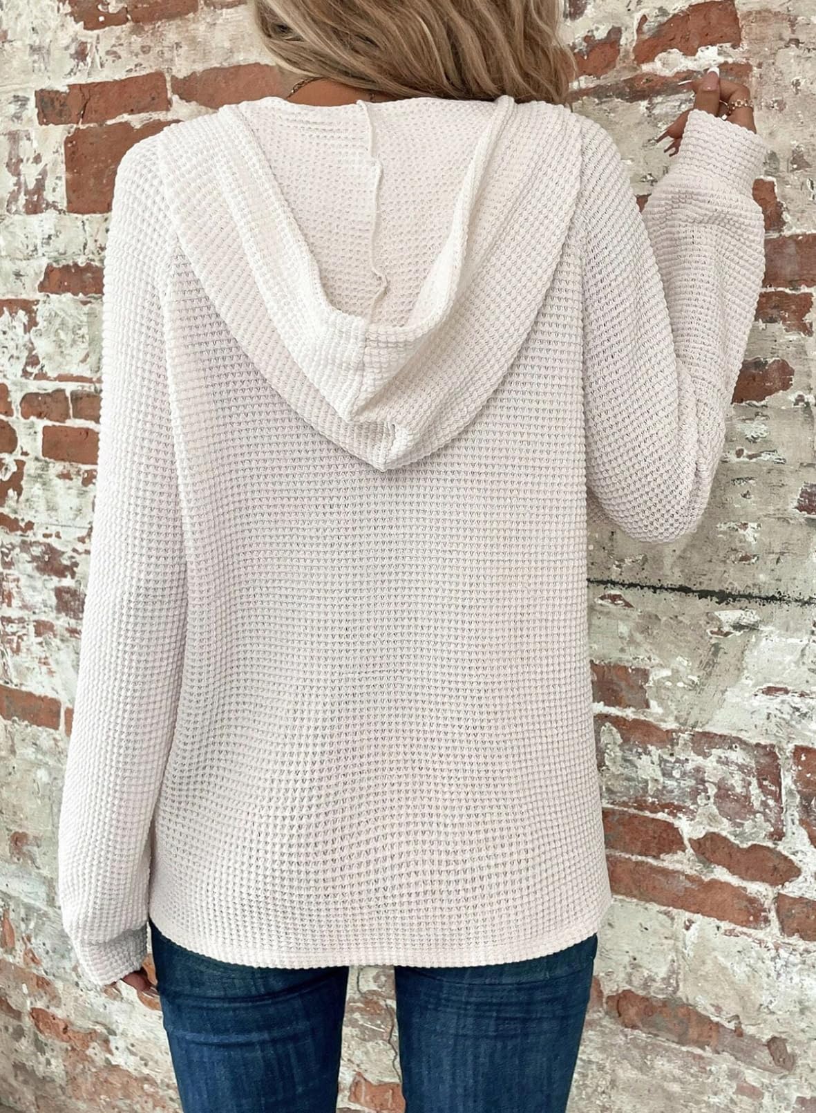 Dokotoo Hoodies for Women Oversized Waffle Knit Sweaters Shirts Drawstring Button V Neck Long Sleeve Casual Lightweight Sweatshirt Hooded Tops Fall Fashion Outfits Winter Clothing 2025 White X-Large