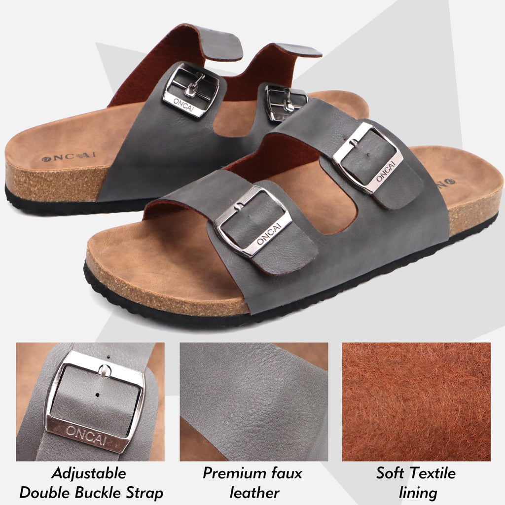 ONCAI Mens Slide Sandals，Adjustable Buckle Straps Arch Support Cork Footbed Slippers for Men 2026 Comfortable Casual Summer Beach non Slip Slides Shoes Grey Size 10