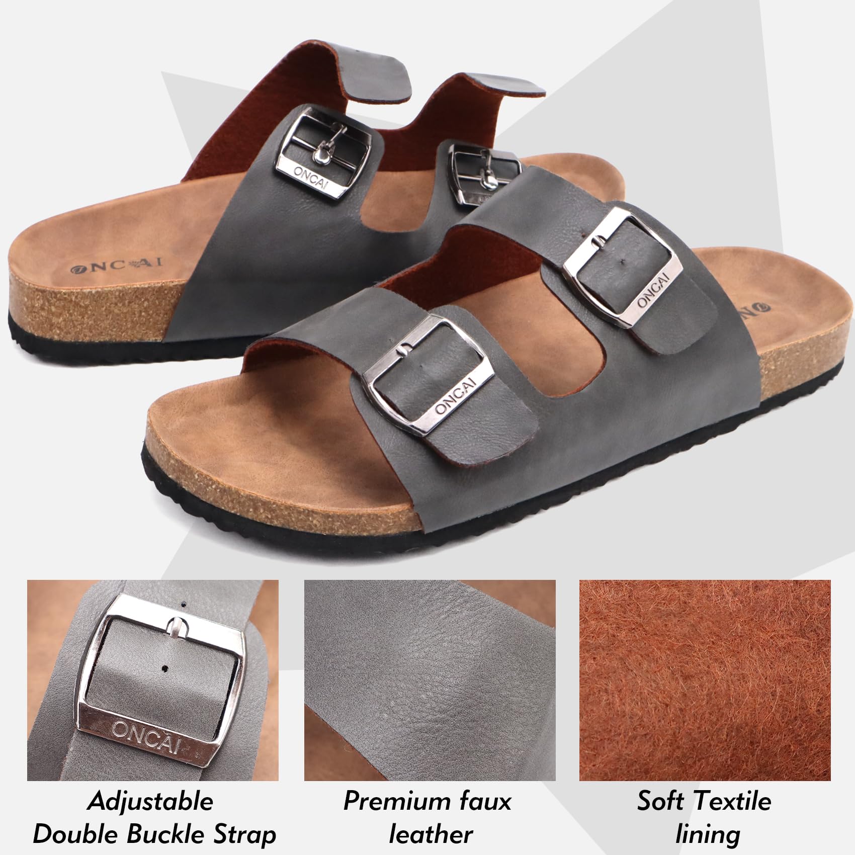 ONCAI Mens Slide Sandals，Adjustable Buckle Straps Arch Support Cork Footbed Slippers for Men 2026 Comfortable Casual Summer Beach non Slip Slides Shoes Grey Size 10