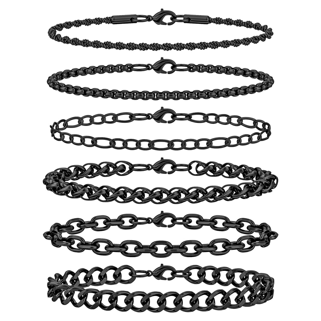 Aospkle 6PCS Stainless Steel Bracelets for Men Women, Black Cuban Link Rope Box Wheat Chain Paperclip Figaro Jewelry Set, 8 Inches