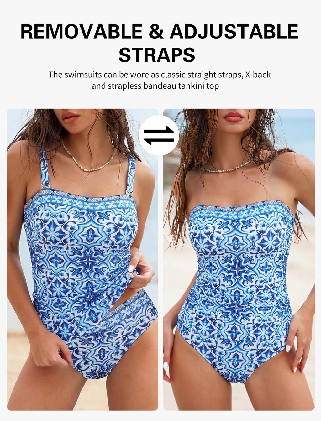 ZAFUL Women's Blue Boho Floral Tummy Control Tankini Swimsuits, High Waisted Strapless Tankini Swimsuits Two Piece Bathing Suits Full Coverage Bottoms M