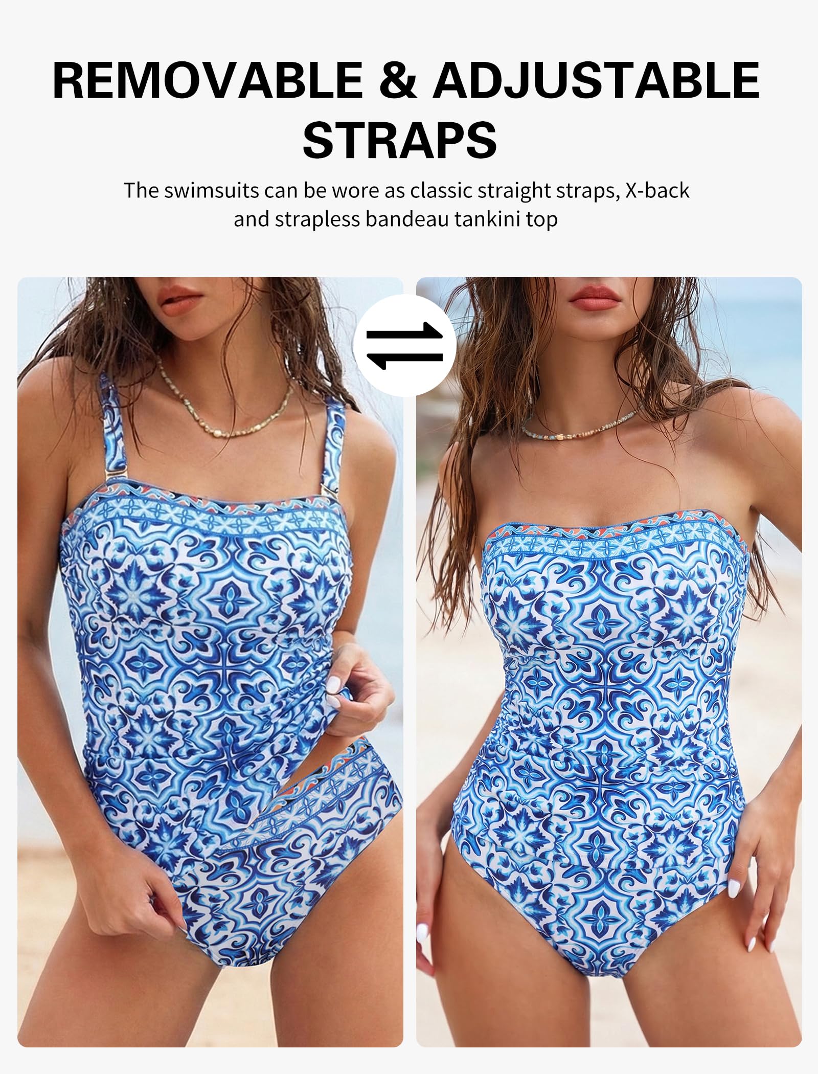 ZAFUL Women's Blue Boho Floral Tummy Control Tankini Swimsuits, High Waisted Strapless Tankini Swimsuits Two Piece Bathing Suits Full Coverage Bottoms M