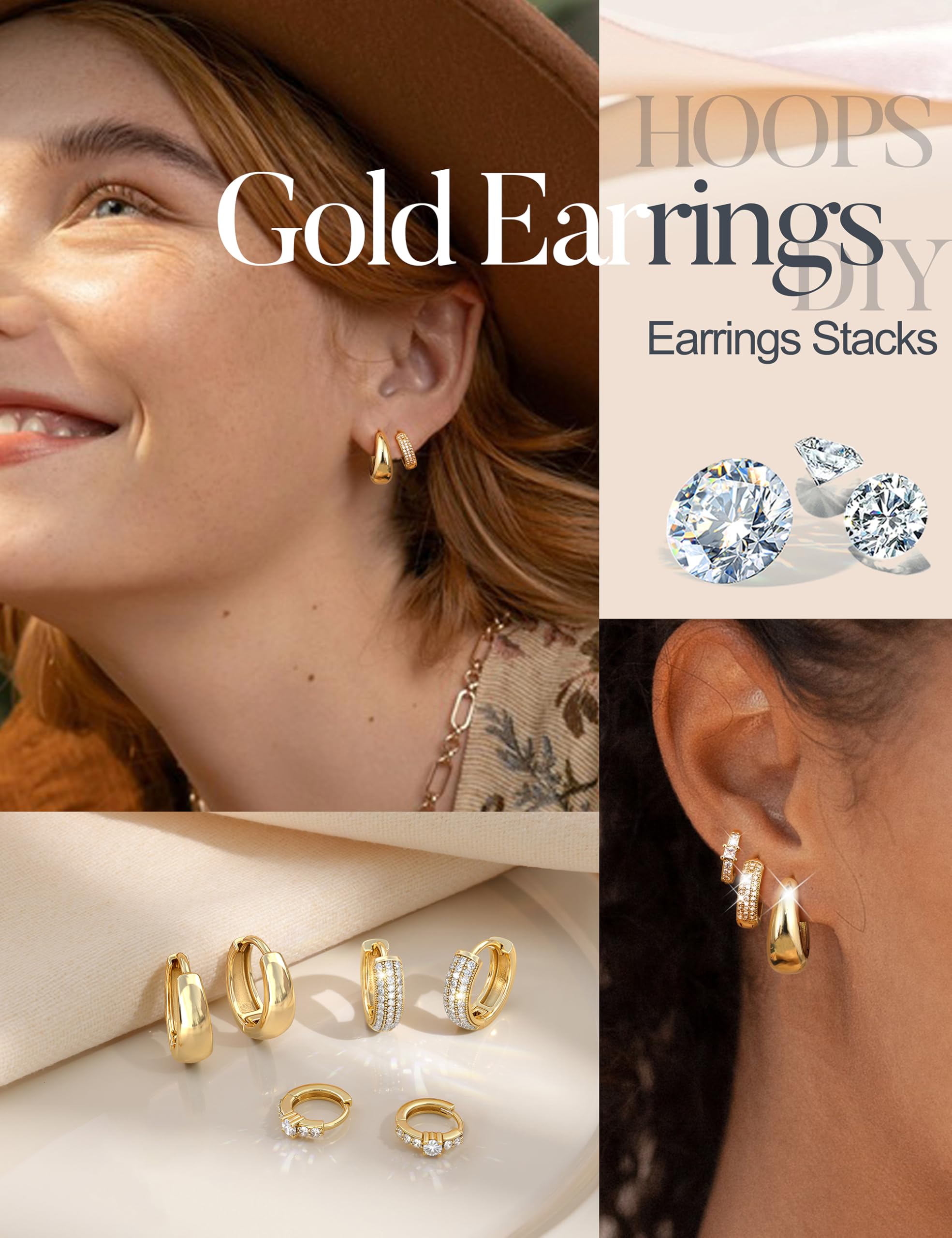 LOLIAS Small Chunky Hoop Earrings for Women, Non-Tarnish, Hypoallergenic, Huggie Silver Earring Stacks Set for Sensitive Ears, Multiple Piercing Jewelry, Lightweight, Classic 14K Gold Plated, 3 Pairs