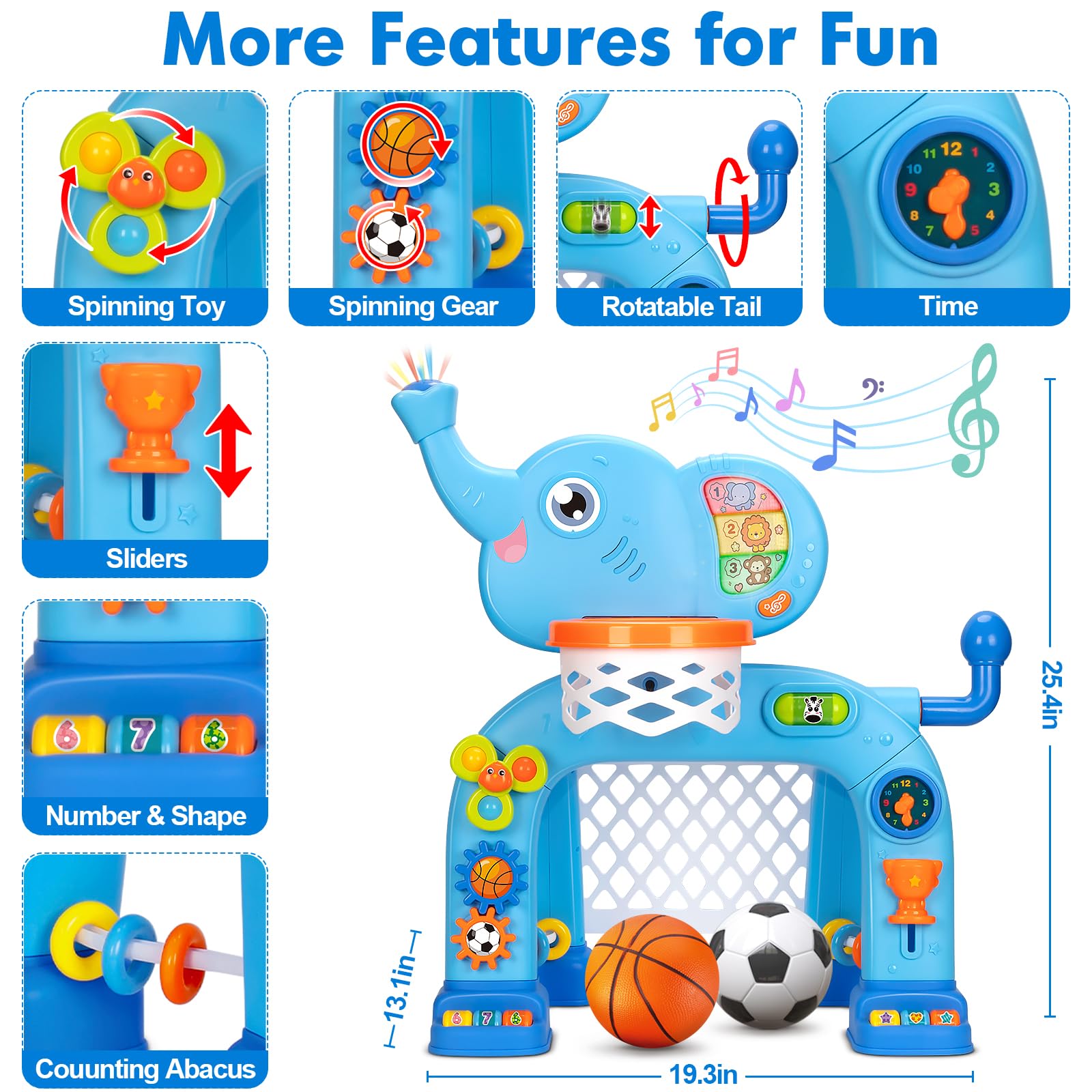 Toddler Basketball Hoop & Soccer Goal, Toys for 1 2 3 Year Old Boys Girls, Kids Sports Toy with Light Sound Music, Montessori Toys for Baby 12-18 Months, Christmas Birthday Gifts for Ages 1-3(Blue）
