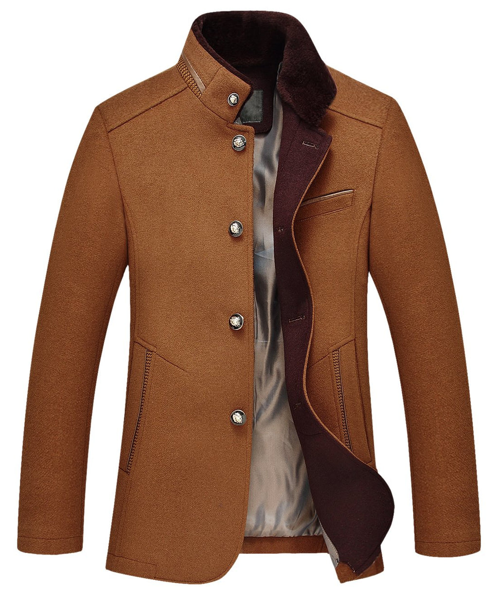 chouyatou Men's Gentle Band Collar Single Breasted Wool Blend Pea Coat (10Brown, Small)