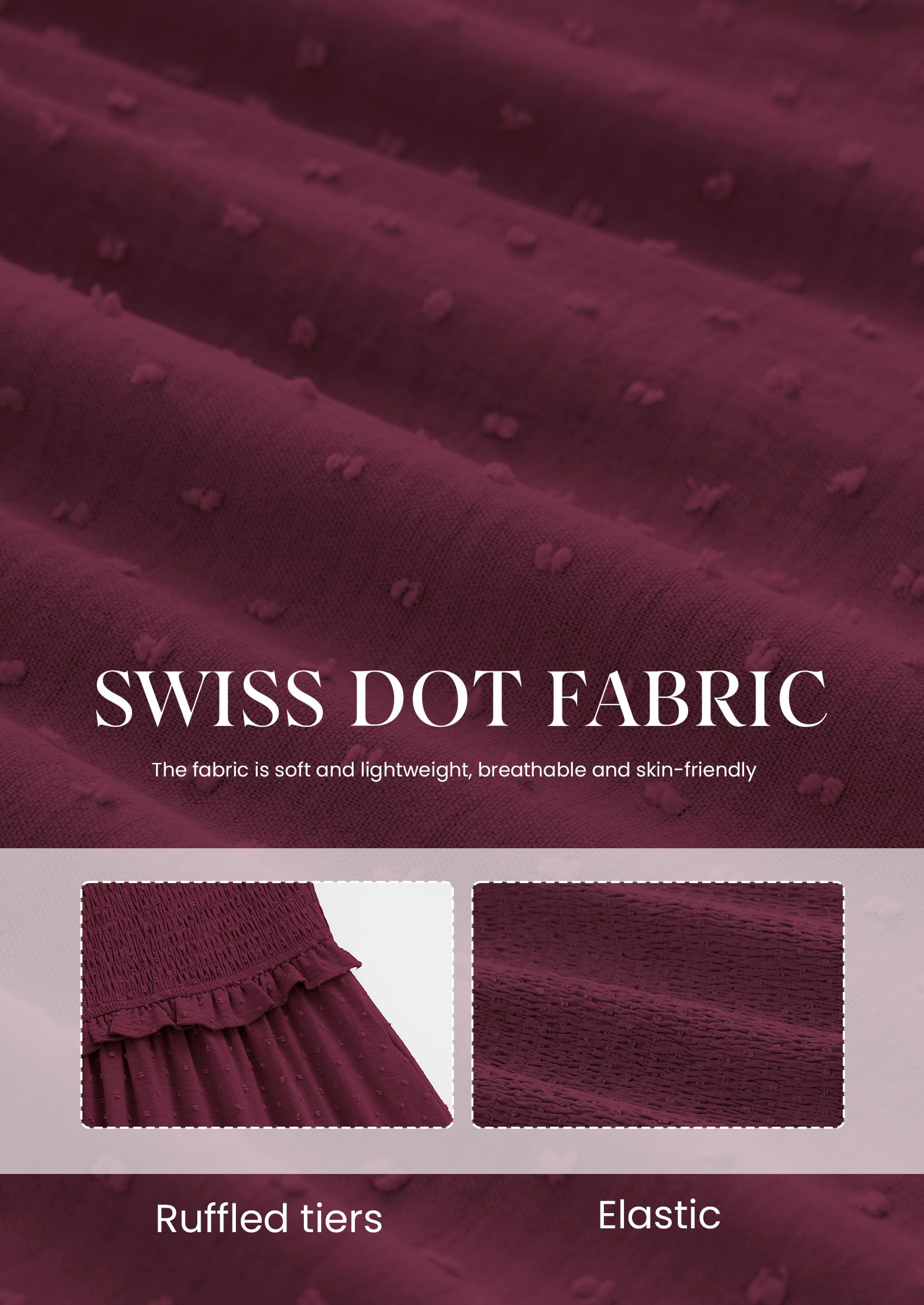 PRETTYGARDEN Summer Dresses for Women 2026 Boho Maxi Smocked Spring Wedding Guest Square Neck Short Sleeve Swiss Dot Dress (Wine Red,X-Large)