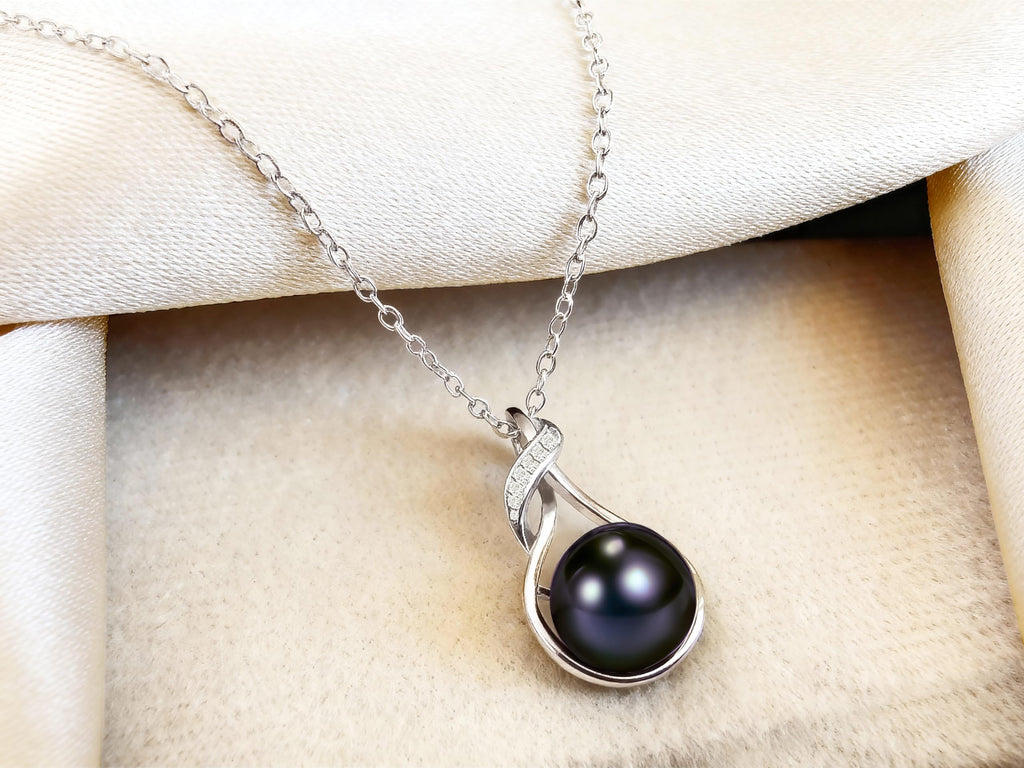 PEARLURA AAA+ 9mm Natural Black pearl necklace for women - Real pearls necklace - Wedding anniversary's gift for wife - ( 925 sterling Silver) cultured necklaces for women - black pearls necklace - christmas gifts for wife - pearl pendant