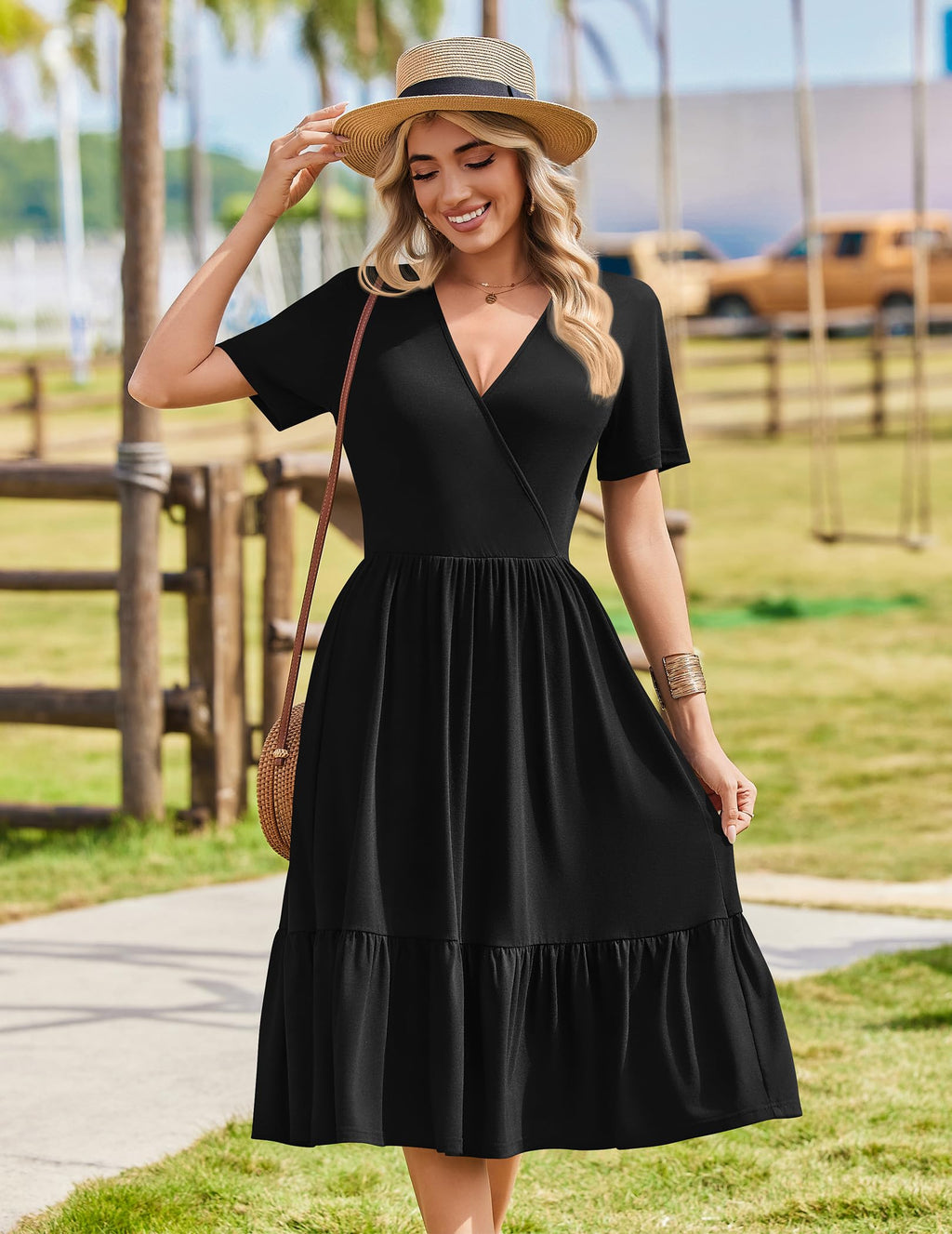 Zeagoo Women's V Neck Wrap Summer Casual Midi Tiered A Line Flowy Wedding Guest Dress with Pockets Short Sleeve Black Dresses