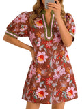 Wenrine Womens Summer Mini Dress Casual Floral Puff Sleeve V Neck Color Block Loose Boho Beach Dresses with Pockets Brick Red