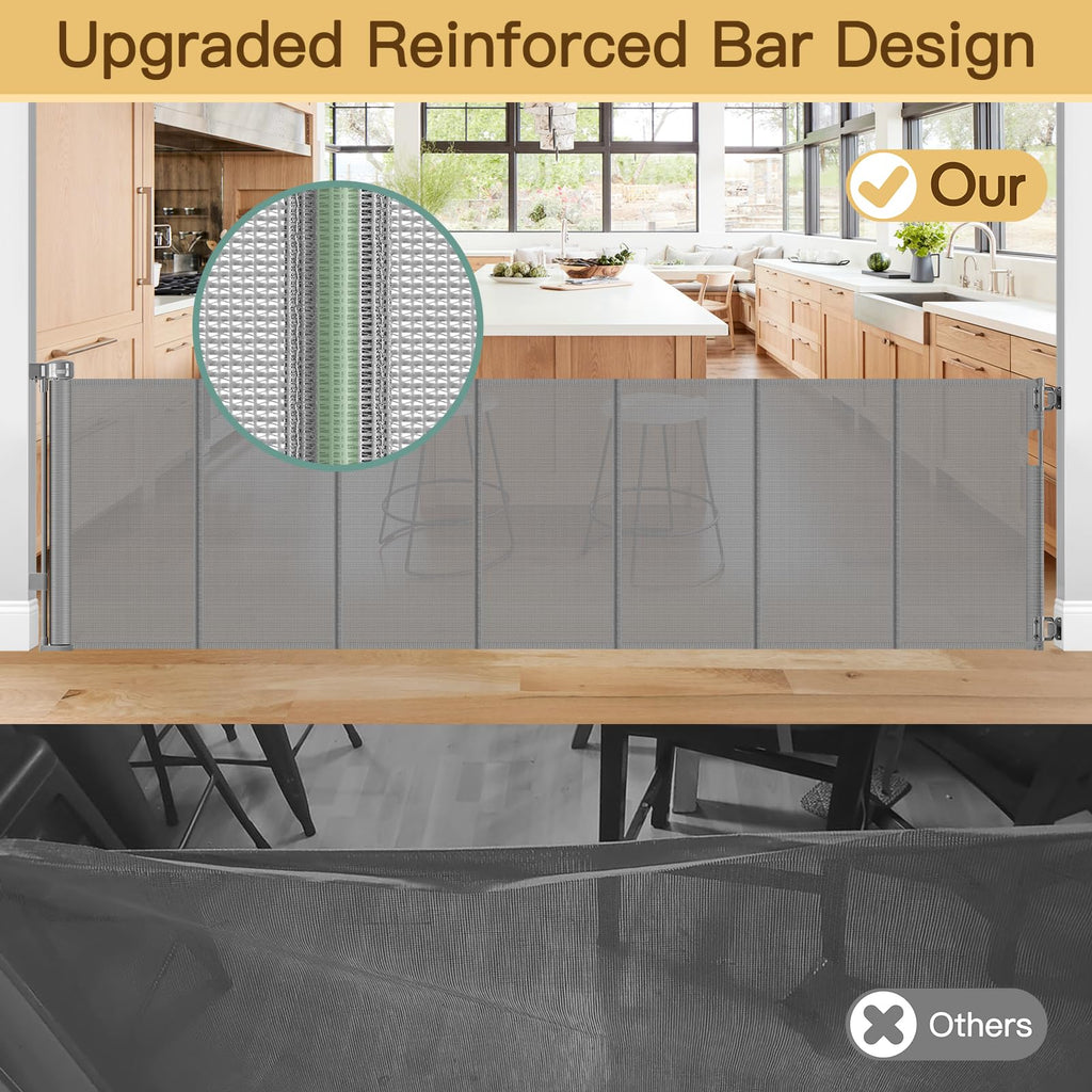 Reinforced 100 Inch Extra Long Baby Gates for Large Openings to Prevent Crawling Under, No Bottom Bar Extra Wide Retractable Baby Gate for Stairs, 8 ft Mesh Child Gate for Parent/Pet Owner Use, Gray
