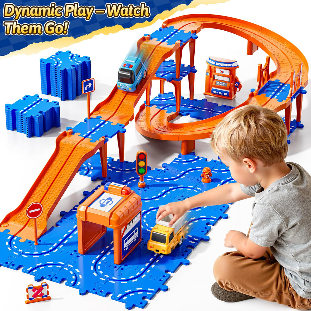 Guminnara Toddler Puzzle Race Cars Track Toys for Kids Age 3-5 2-4 Years, 59PCS Puzzles Car Track Set Includes 2 Cars and Road Signs, Educational Birthday Gifts for Kids, Boys and Girls
