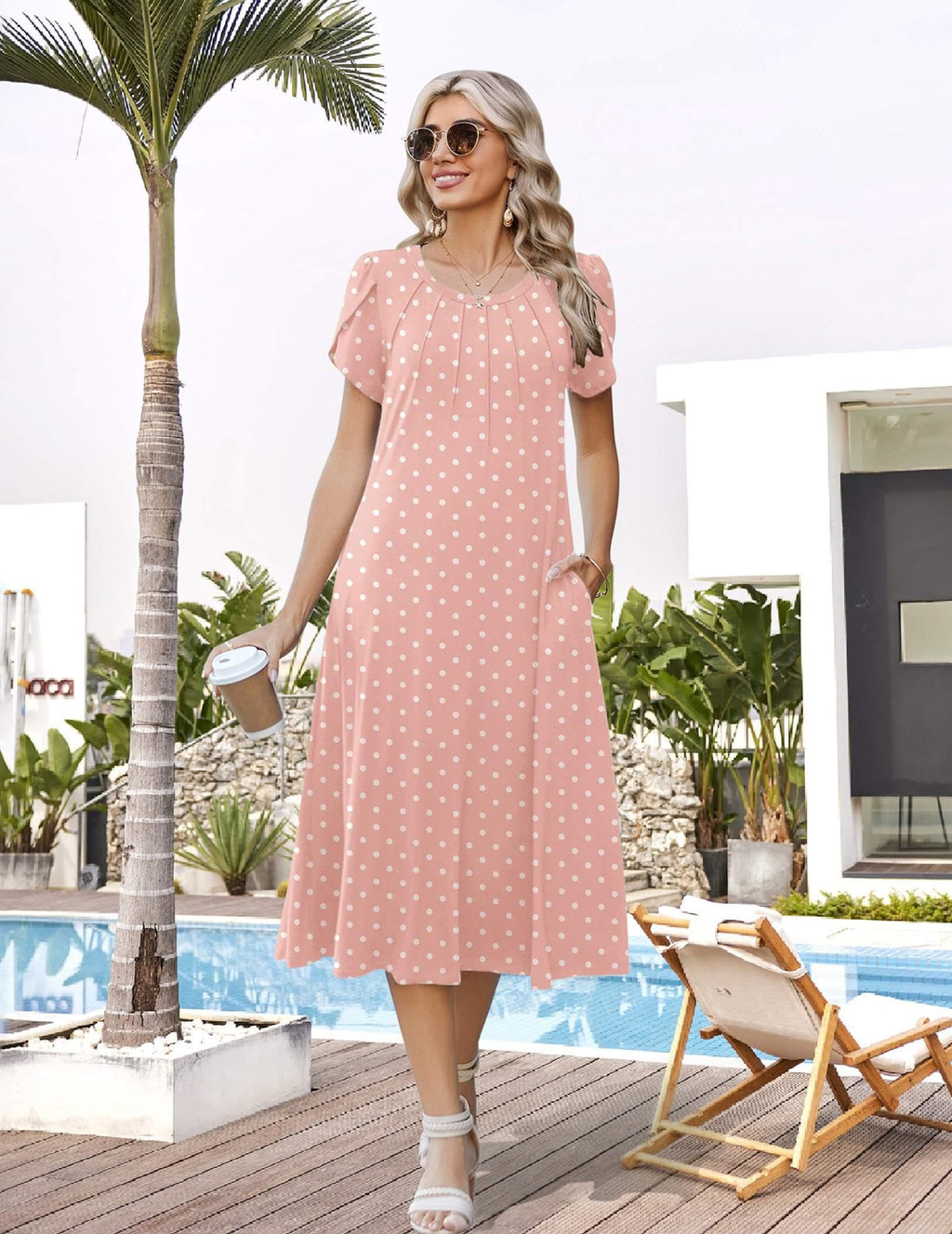 Zeagoo Polka Dot Dress for Women Midi Summer Dresses 2026 Short Sleeve Dress Casual Pleated Long Dresses Pleated Sundress, Pink Dot L