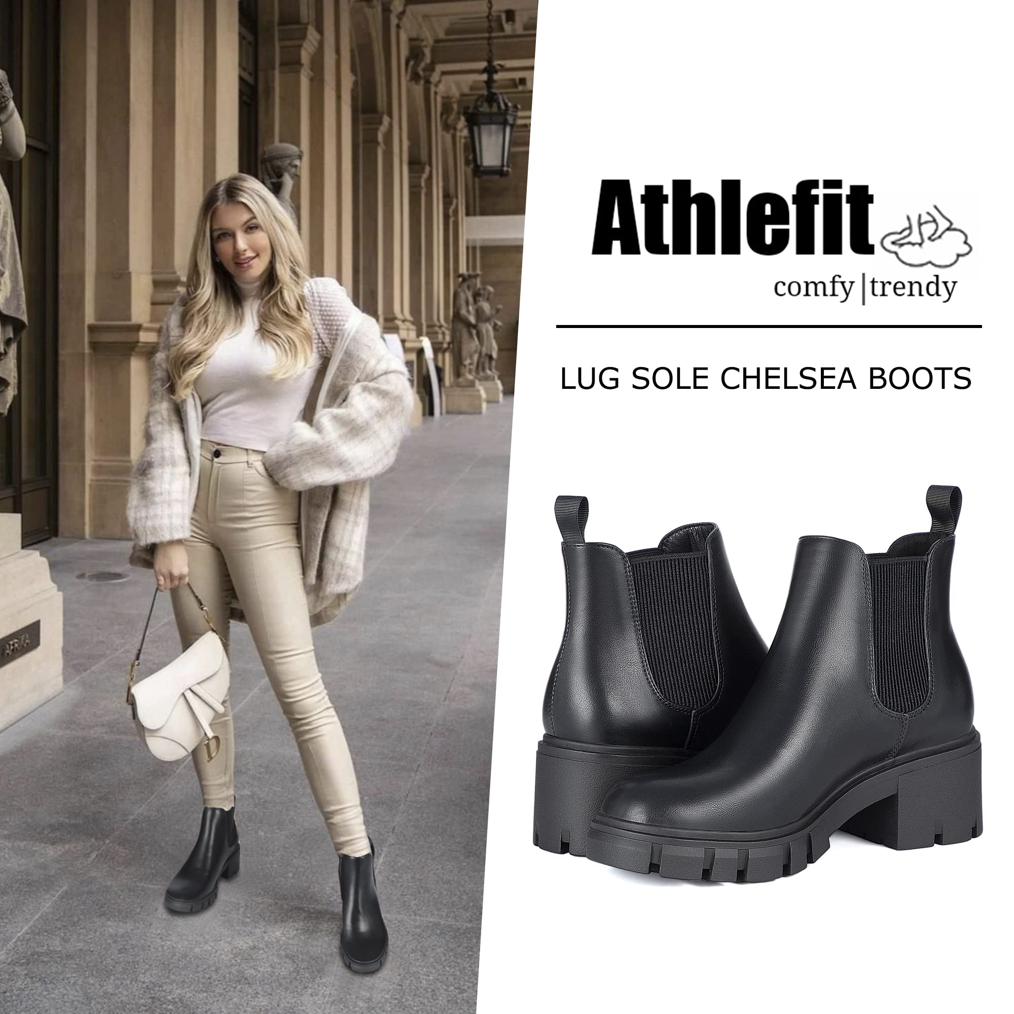 Athlefit Women's Chelsea Boots Fashion Lug Sole Chunky Heel Slip on Elastic Ankle Black Booties Size 8