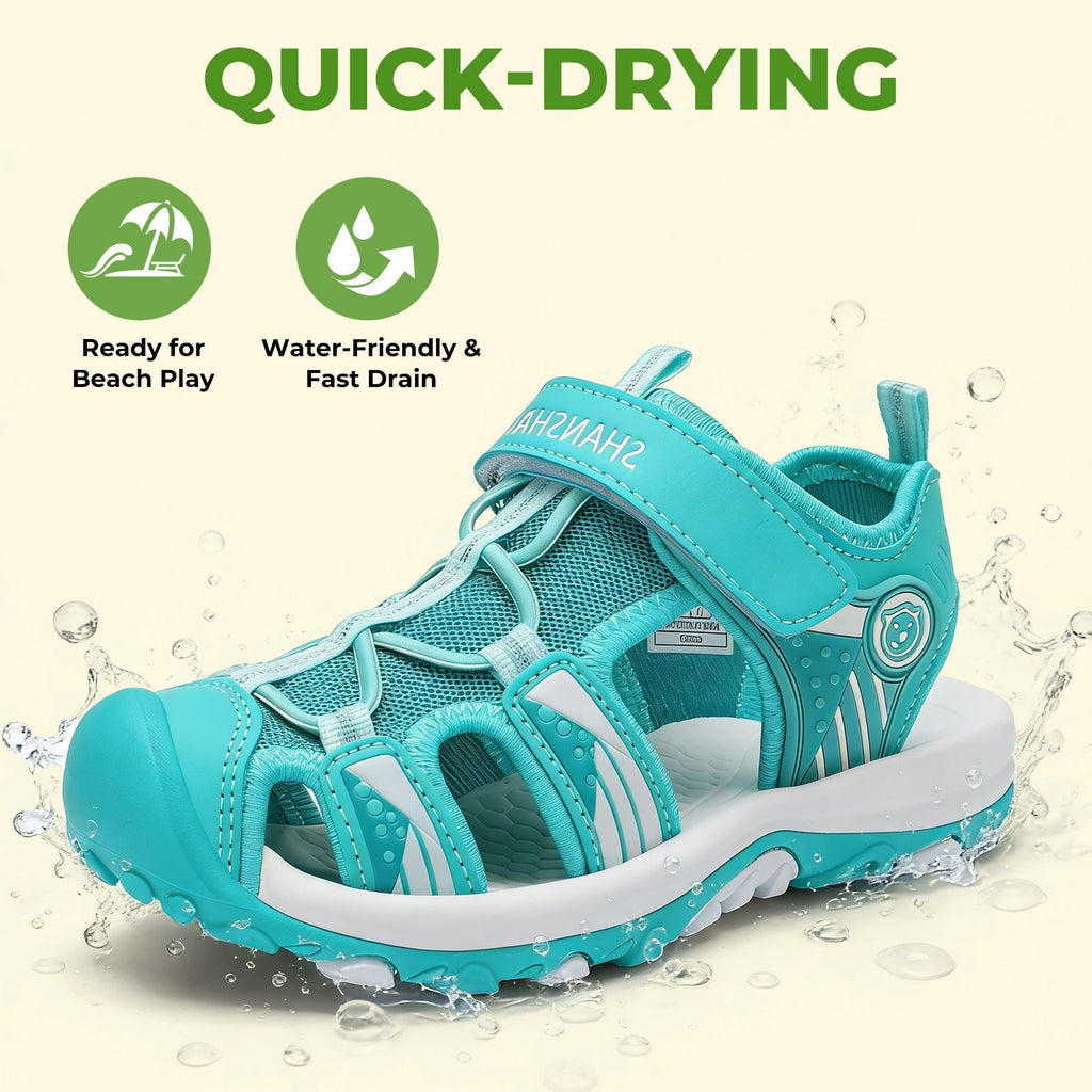 Mishansha Kids Closed Toe Sport Sandals for Boys Girls, Quick Dry Water Shoes with Adjustable Strap, Non Slip Beach Hiking Walking Sandals Green 1 Little Kid
