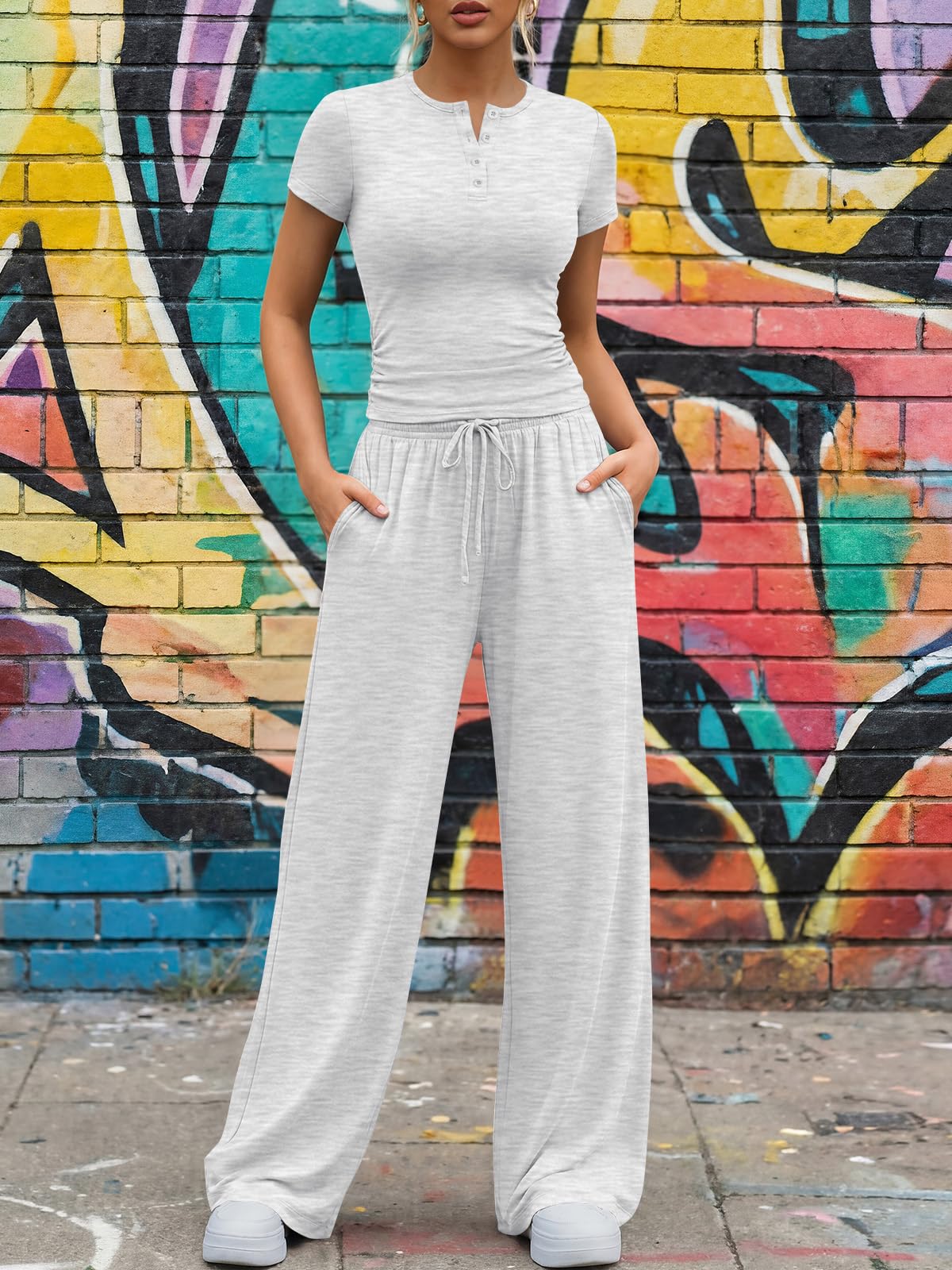 Trendy Queen Womens 2 Piece Sets Lounge Matching Set Cruise Casual Vacation Outfits Summer Airport Workout Gym Clothes Spring Fashion 2026 Teen Girl Wide Leg Pants Athletic Travel Tops Oatmeal Grey M