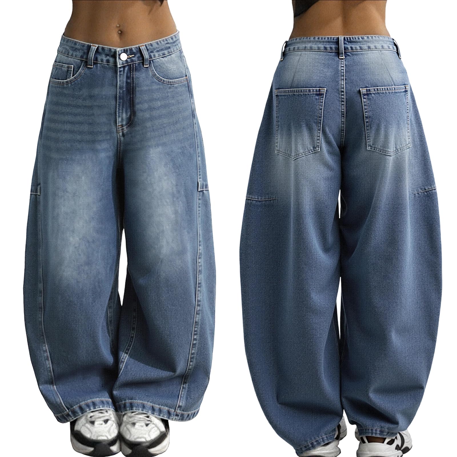 EMMIOL Barrel Jeans for Women Mid-Low Waisted Wide Leg Baggy Cropped Relax Fit Stretch Denim Trouser Pants