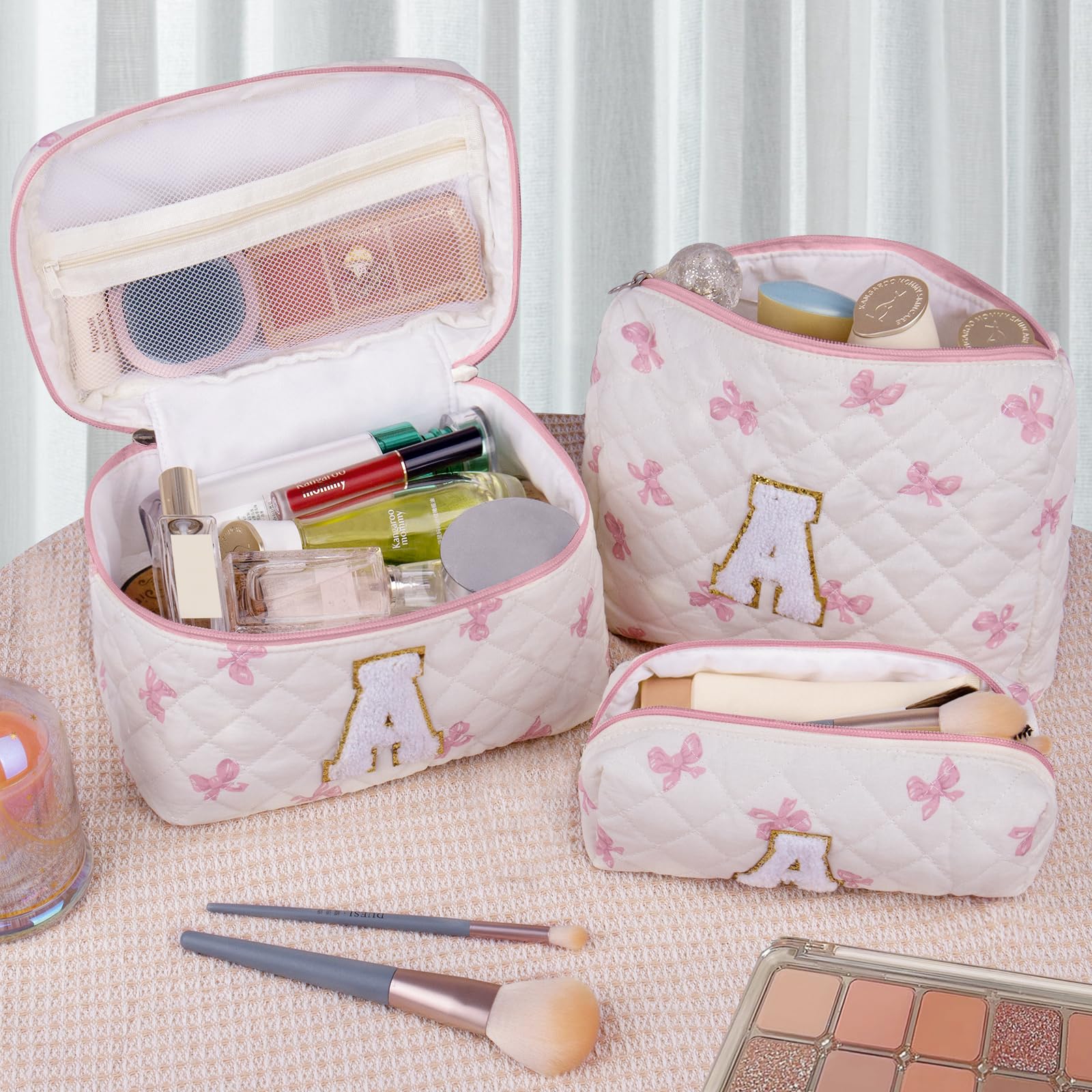 Junesters Initial Makeup Bag Set, Personalized Quilted Makeup Bag, Large Floral Cosmetic Bag for Women, Cute Cotton Custom Make up Bags, Flower Travel Toiletry Bag Teen Girl Gift Pink Butterfly M