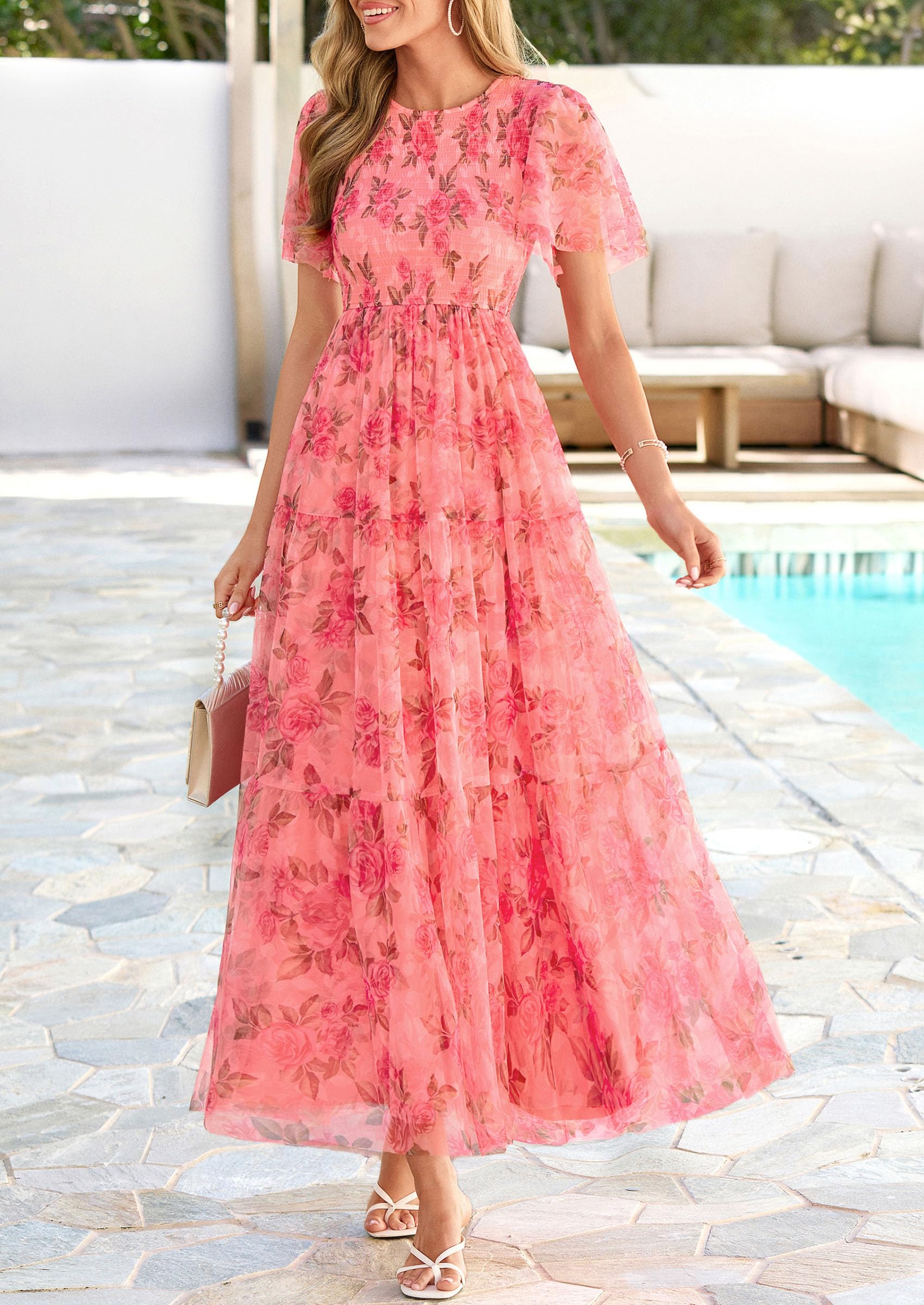 PRETTYGARDEN Tulle Floral Dress Women Summer Wedding Guest 2026 Spring Short Sleeve Maxi Smocked Flowy Beach Party Dresses (Orange Pink Red Floral,Small)