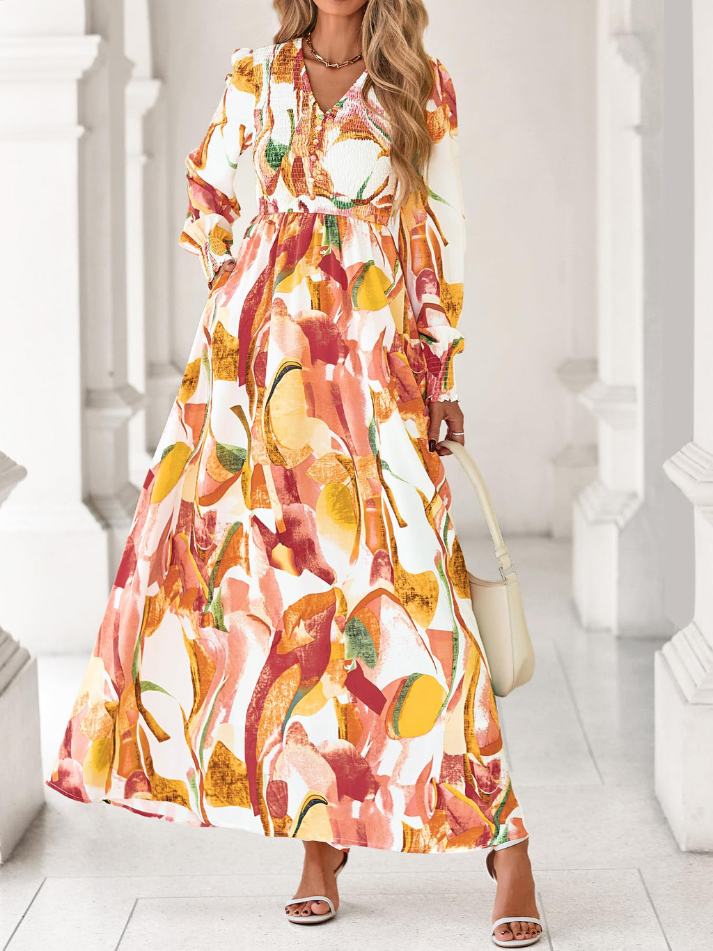 BTFBM Women Fall Wedding Guest Maxi Dresses 2025 Floral V Neck Long Sleeve Boho Long Dress Vacation(Pink Watercolour,Medium)