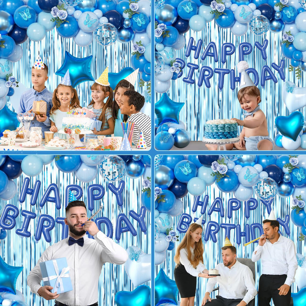 Navy Blue Birthday Decorations for Men Boys, Navy Blue Macaron Light Metallic Blue Confetti Balloons Happy Birthday Banner Butterfly Fringe Curtains for 21st 25th 30th Birthday Decorations