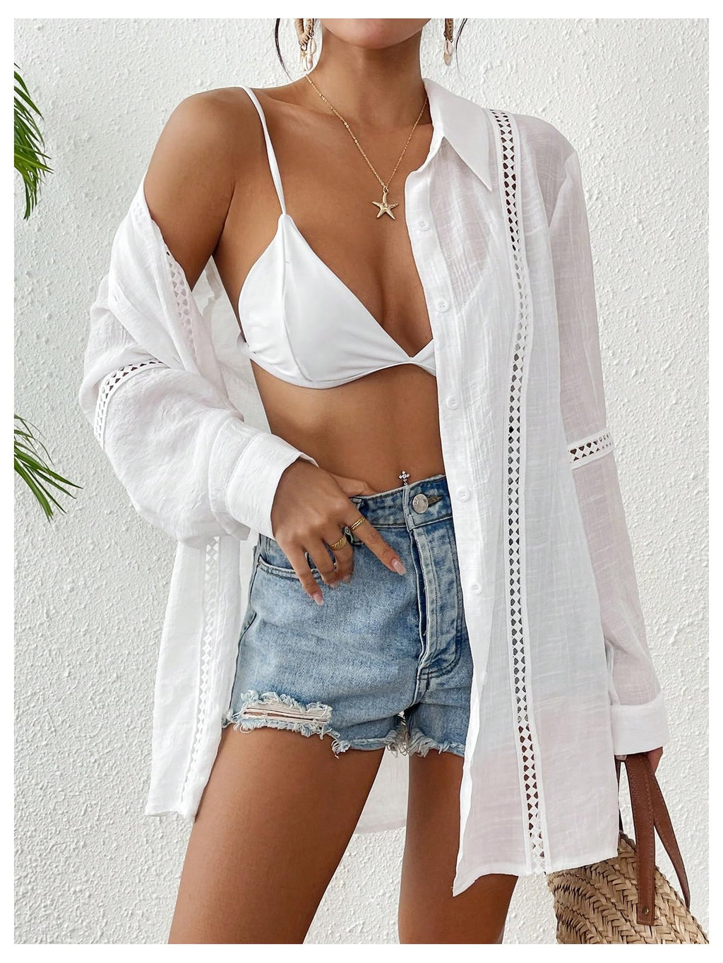 WDIRARA Women's Swim Cover Up Long Sleeve Button Down Kimono Beach Shirts Coverups White Small