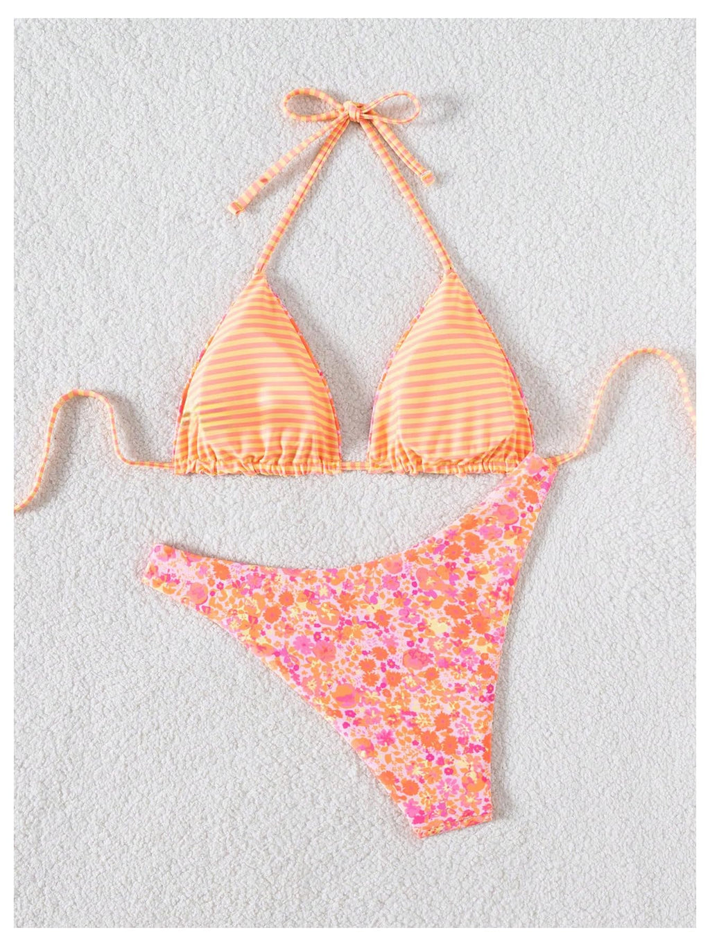 WDIRARA Women's 2 Piece Floral Striped Bikini Set Halter String Thong Swimsuit High Cut Bathing Suit Multicolor Small
