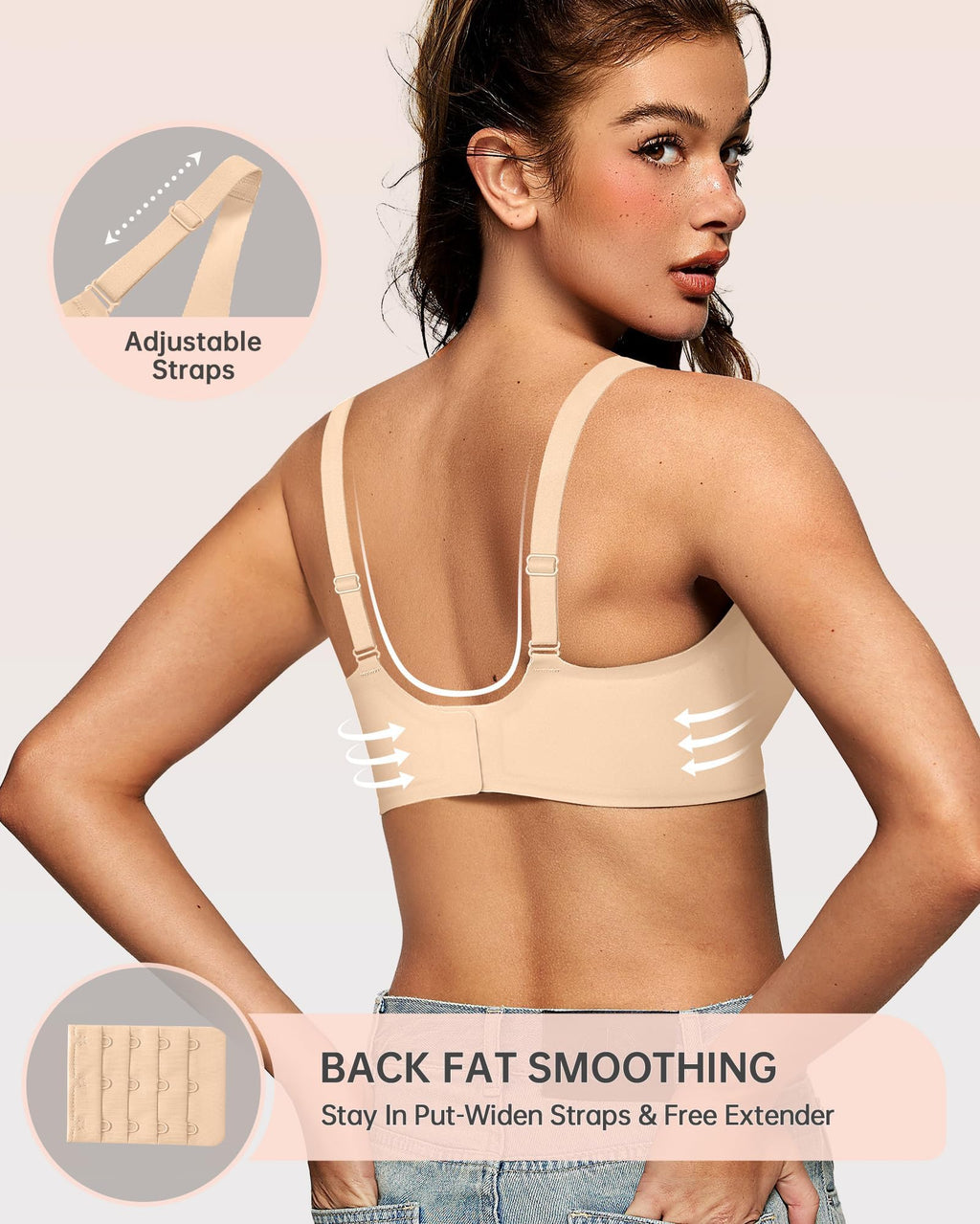 OEAK Womens Deep V Bras Wireless Comfortable Bra Supportive No Underwire Bras Tshirt Push Up Bralettes Plunge Seamless Bra Beige L