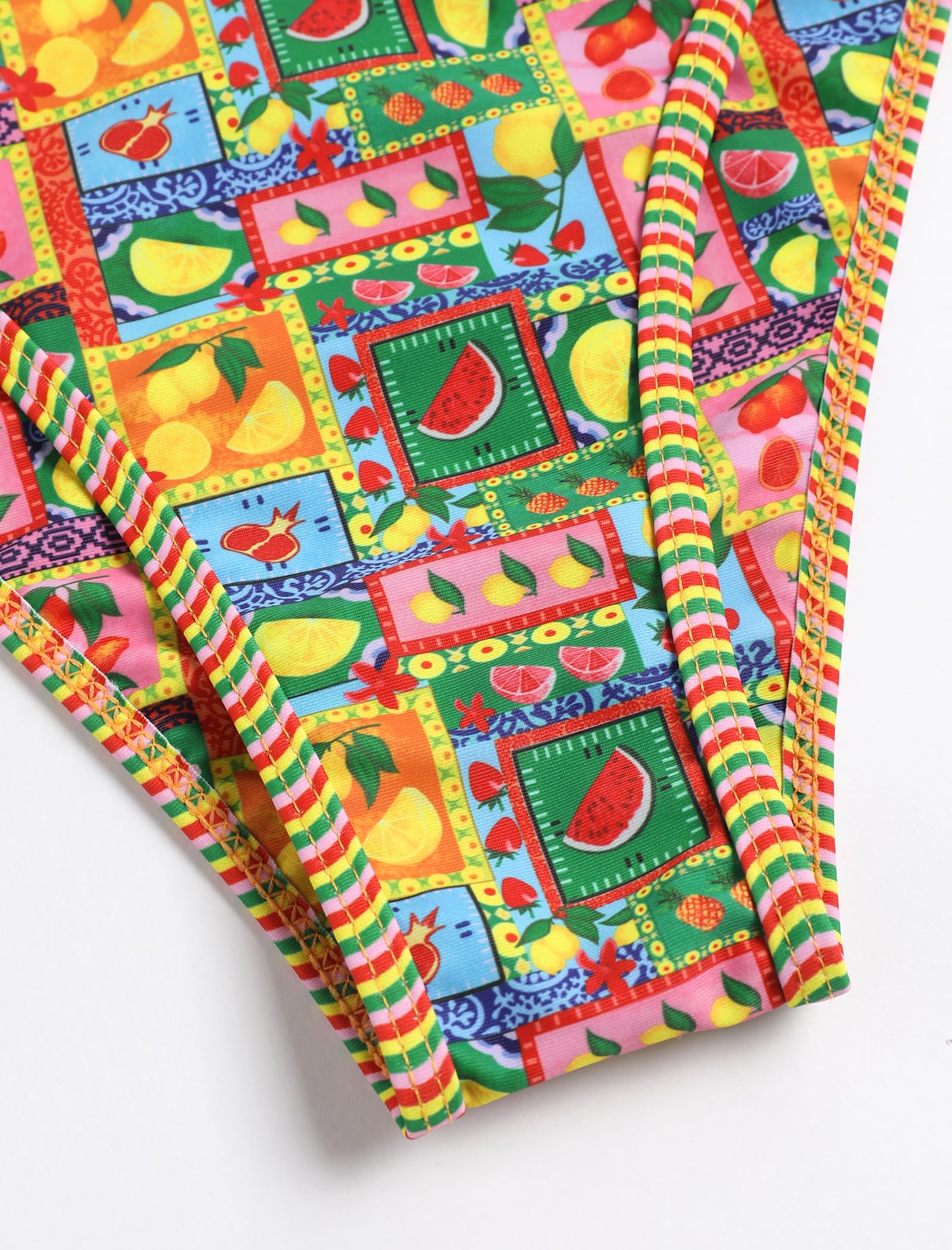 ZAFUL Women's Bandeau Bikini V Strapless Confetti Colorblock Tie Back High Cut Two Piece Swimsuit Bathing Suits (1-Fruit Pattern, M)