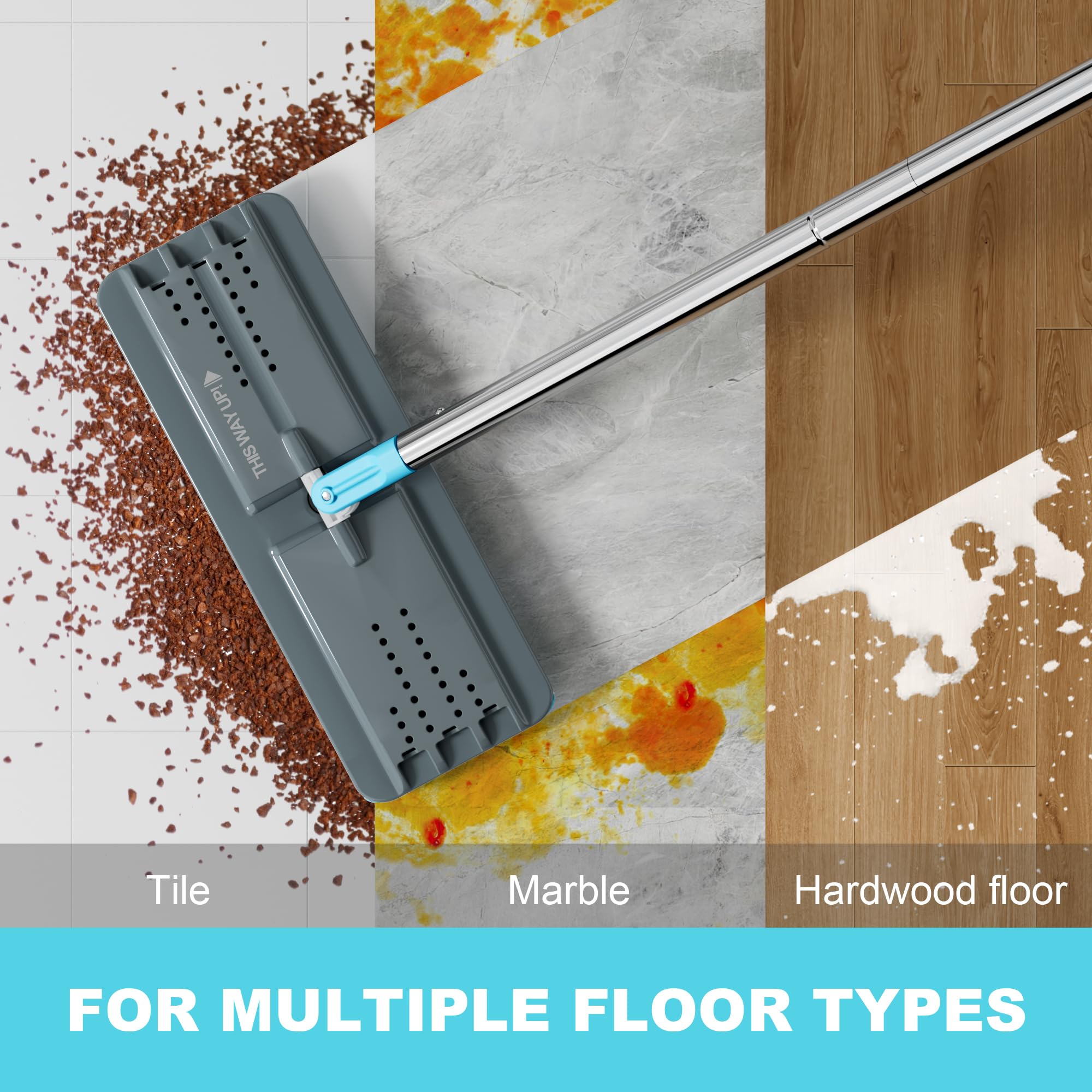 JOYMOOP Mop and Bucket Set with Wringer, Mops for Floor Cleaning, Wall Mop Cleaner with Long Handle, with 4 Reusable Microfiber Mop Pads - Grey+Cyan Blue
