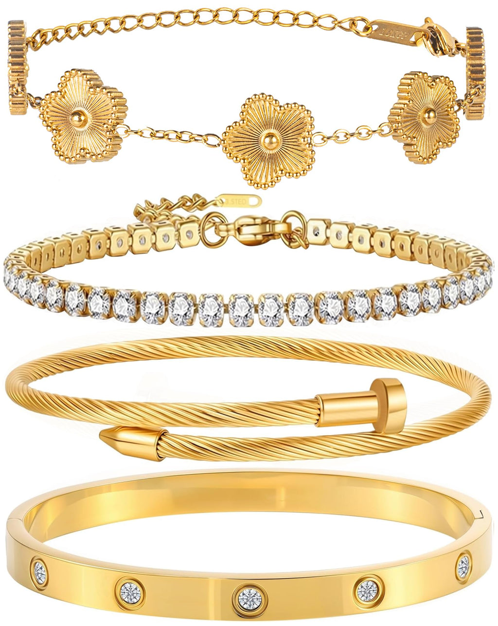 GIVCHO 18K Gold Plated Nail Love Bangle Bracelet Set for Women Stackable Floral Clover Adjustable Tennis Bracelet Non Tarnish Gift Jewelry for Christmas Valentines Birthday Mother's Day