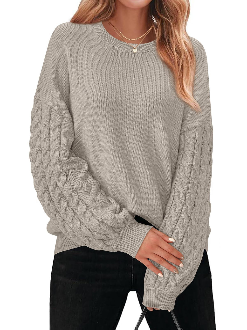 PRETTYGARDEN Women Long Sleeve Pullover Sweaters Soft Loose Fit Crew Neck Chunky Cable Knit Sweater Women Fall Outfits (Grey Apricot, Medium)