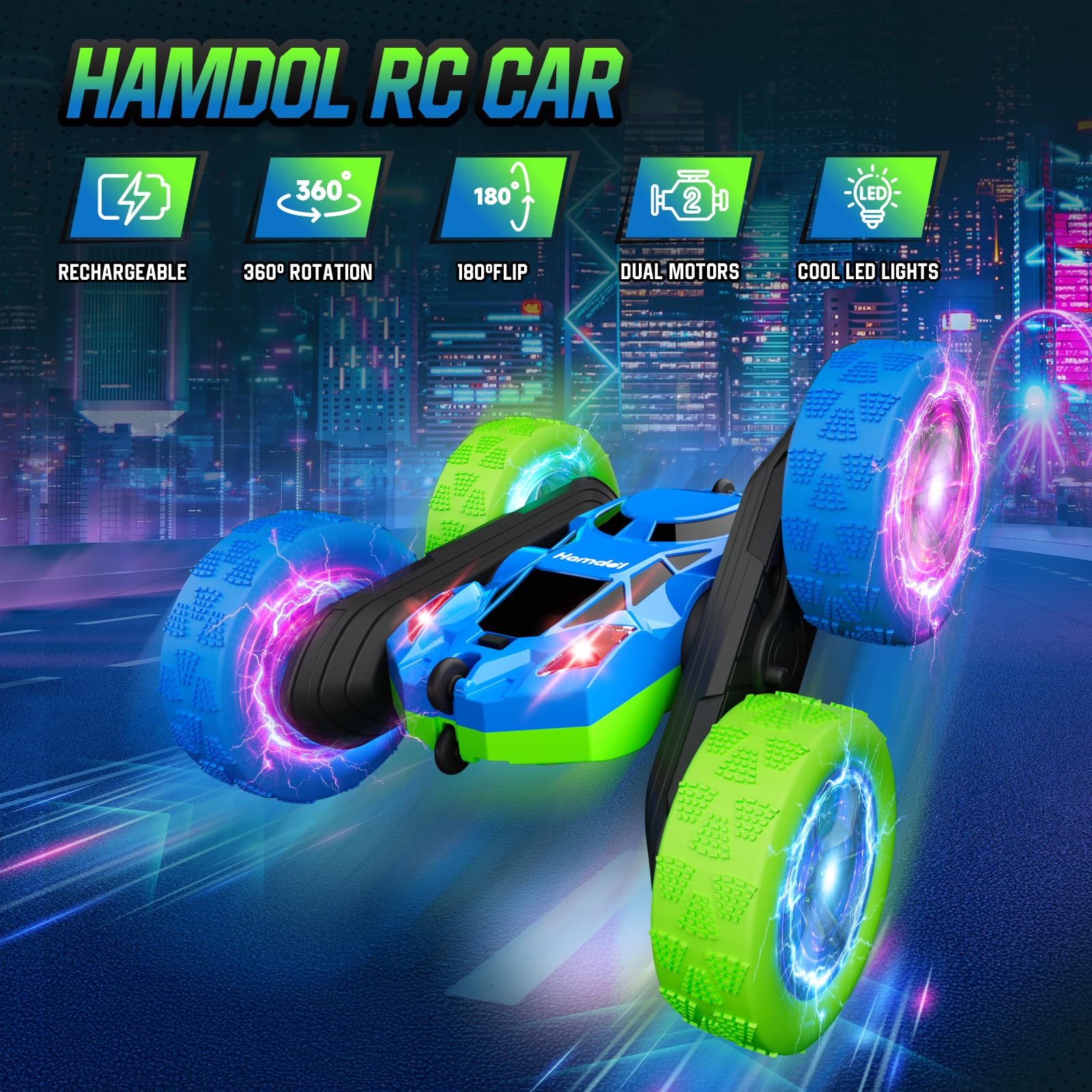 Hamdol RC Cars Toys for Kids Ages 6-12, 360° Spinning Double-Sided Remote Control Car with LED Lights, 4WD Rechargeable Toy for Boys Age 8-10, Perfect Birthday Holiday Valentines Easter Gift