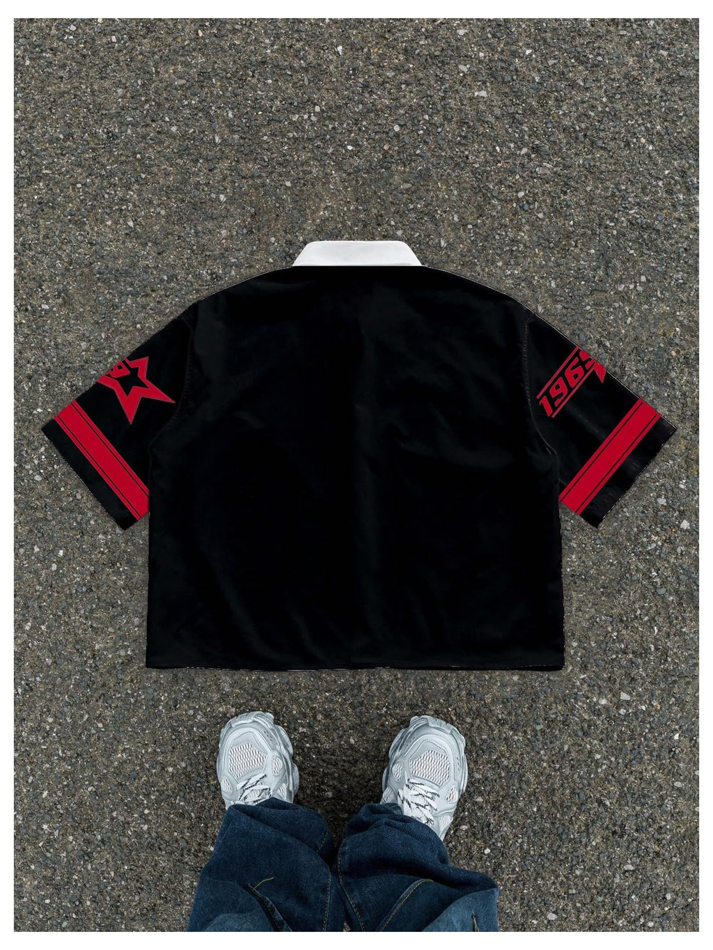 GORGLITTER Men's Button Up Cropped Shirt Oversized Collared Y2K Graphic Rave Boxy Cool Jersey Crop Tee Tops Streetwear Black and Red Small