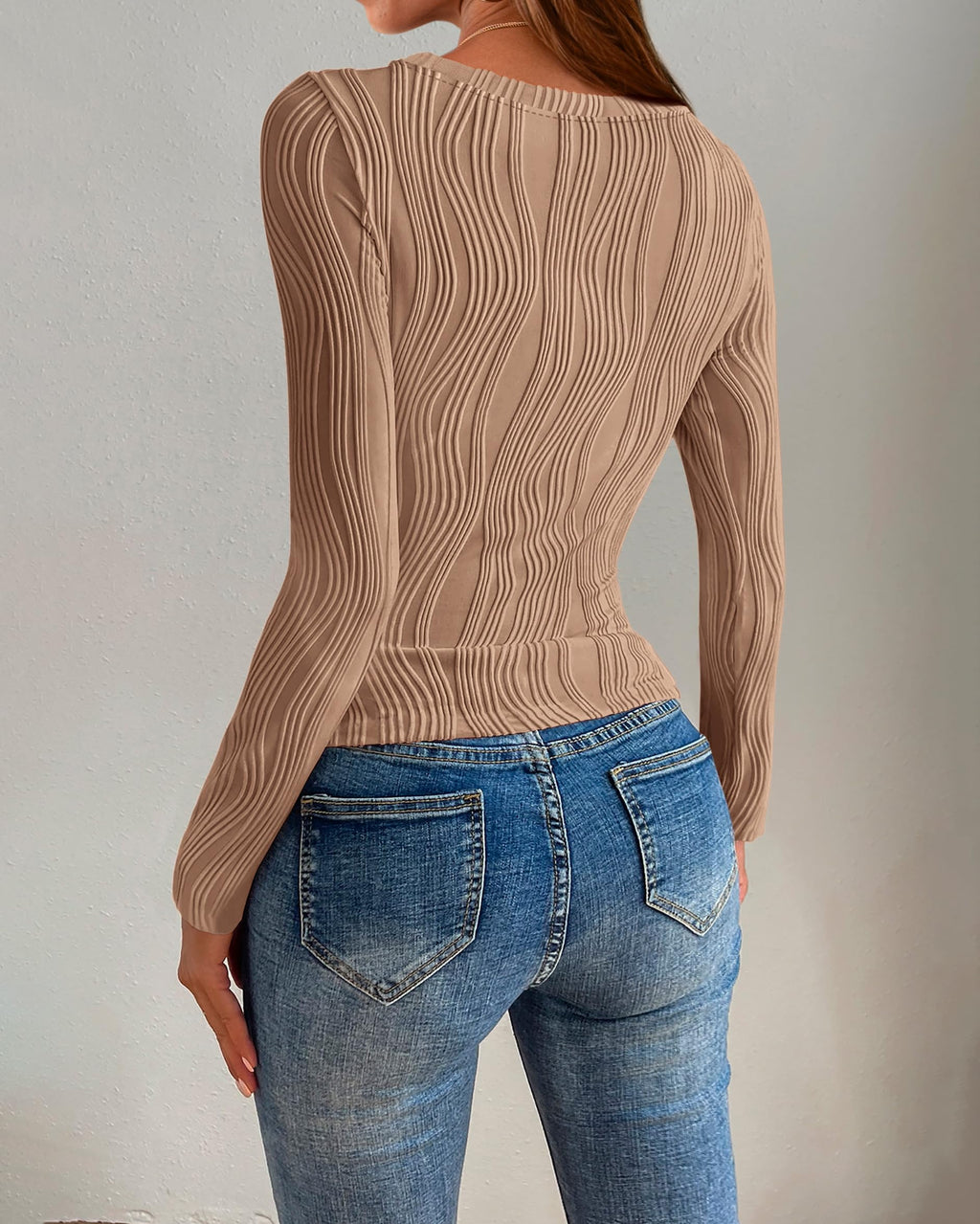 PRETTYGARDEN Women's Tops 2026 Spring Fashion Long Sleeve Crewneck Blouse Fitted Textured Basic Knit T Shirt Y2k Clothes(Khaki,X-Large)