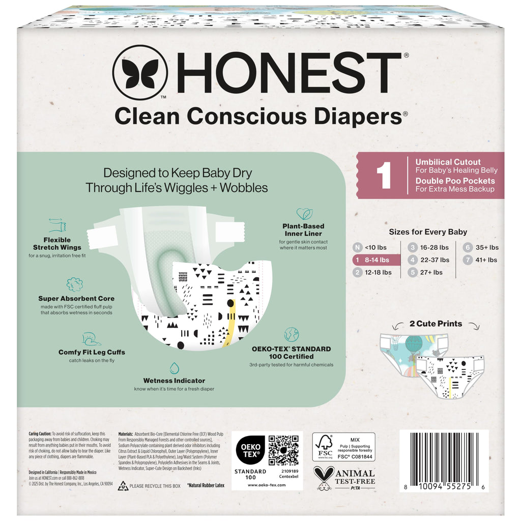 The Honest Company Comfort Dry Disposable Diapers for Sensitive Skin, Hypoallergenic, Fragrance-Free, Above It All + Pattern Play, Club Box Size 1 (8-14 lbs), 78 Count