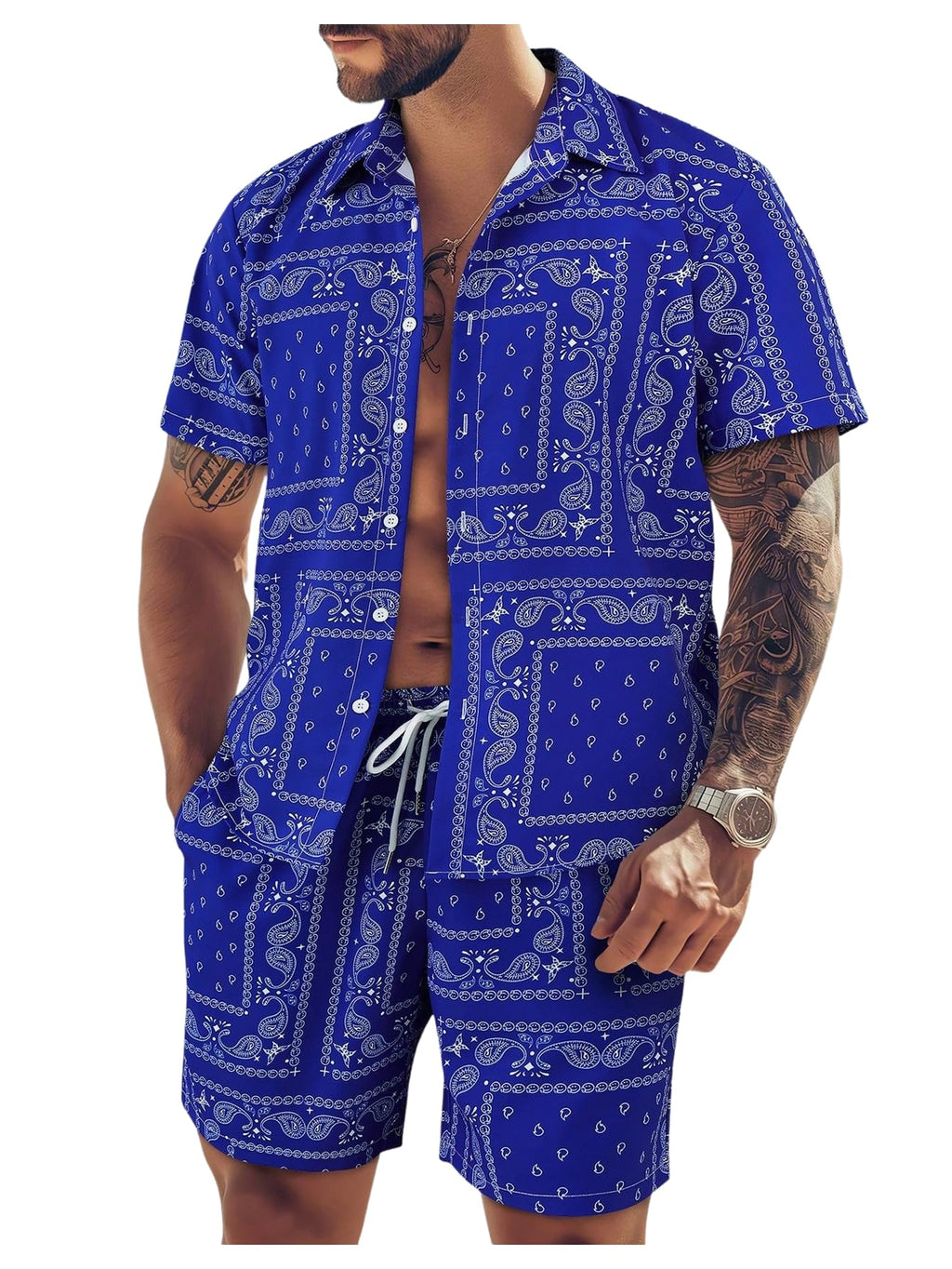 WDIRARA Men's 2 Piece Set Paisley Print Button Down Shirt Shorts Outfits Vacation Set Blue Small