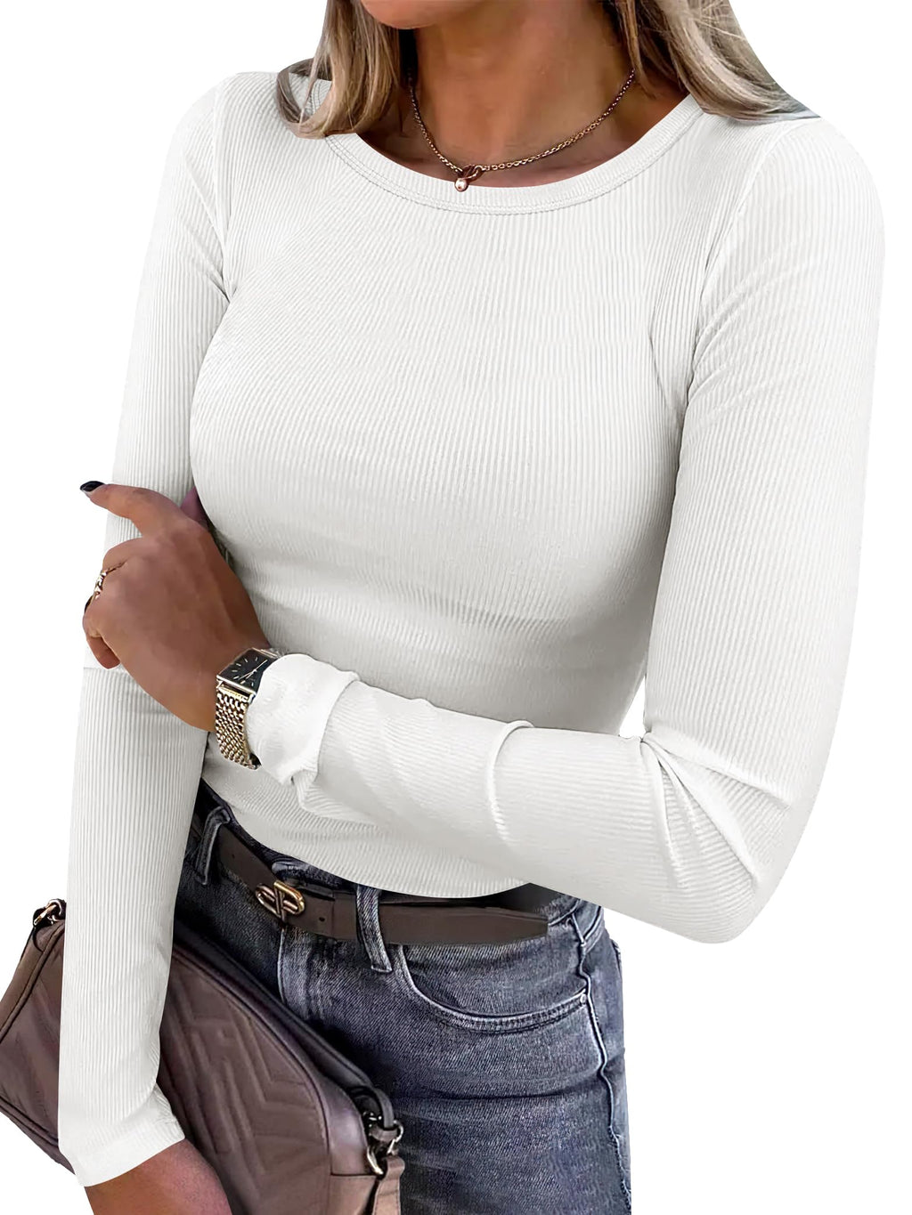 ANRABESS Women Long Sleeve Shirts Rib Knit Slim Fit Tops Basic Tee 2025 Fall Outfits Casual T-Shirt Underscrubs Layer Clothes White Medium