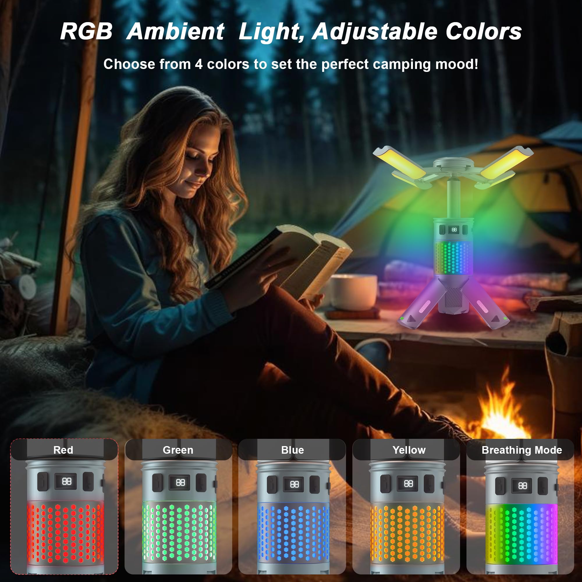 Camping Lights, Rechargeable Telescopic Camping Lights with Stand,12,000mAh Camping Lanterns & Lights with RGB, Magnetic Base, Portable Flashlights for Camping, Hiking, Emergency