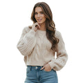 Grewear Women's Cropped Cable Knit Sweater, Soft Long Sleeve Crewneck Pullover, Casual Cozy Knit Top for Fall Winter Outfits, Gift for Women Oatmeal-XS