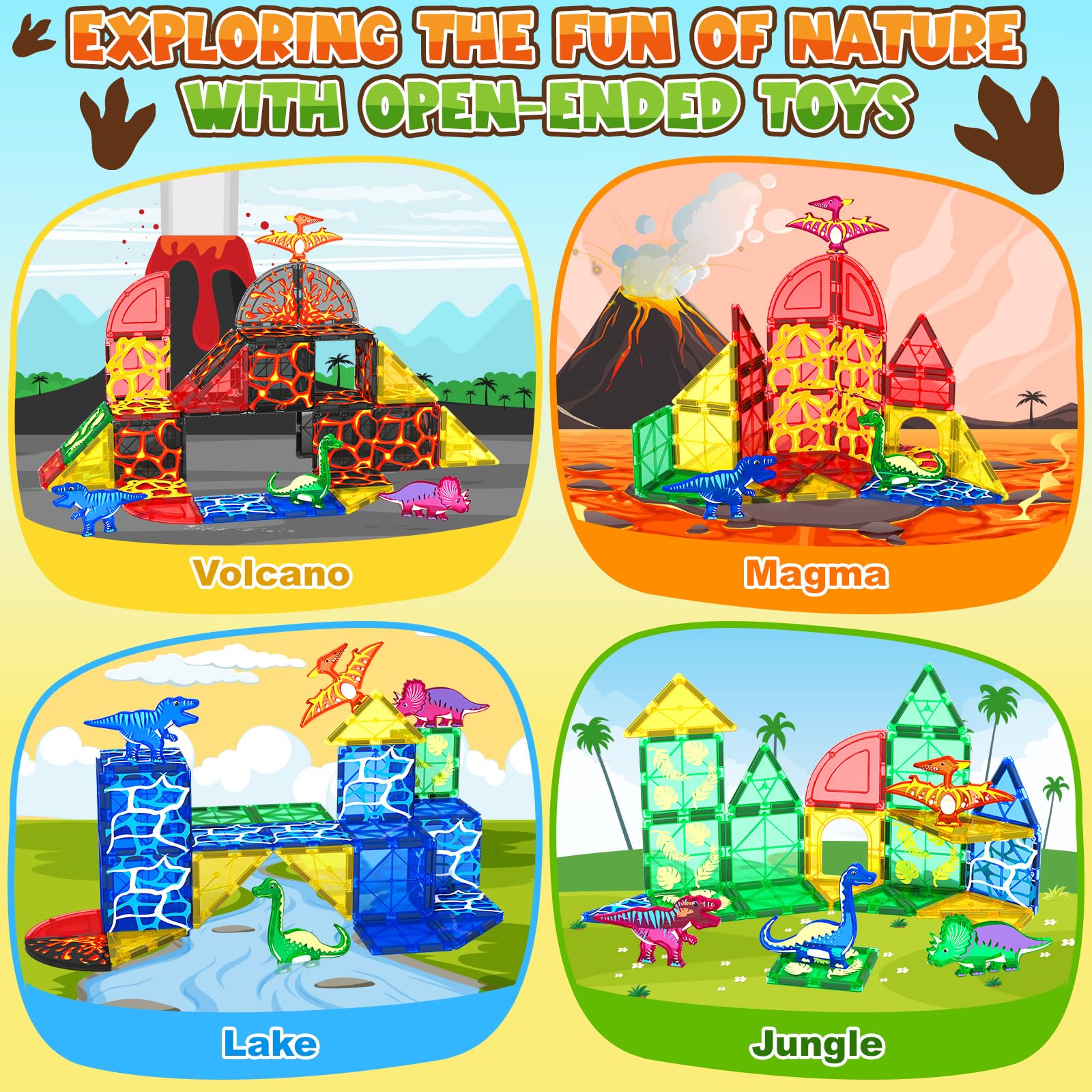 Coodoo Dinosaur Toys Magnetic Tiles Lava Dinosaur World Set - Magnetic Blocks Building for Kids 3-5 5-7 Girls Boys Toy Age 4-6 6-8, Classroom Must Haves Toddler Sensory for 3+ Year Old Kids Toys