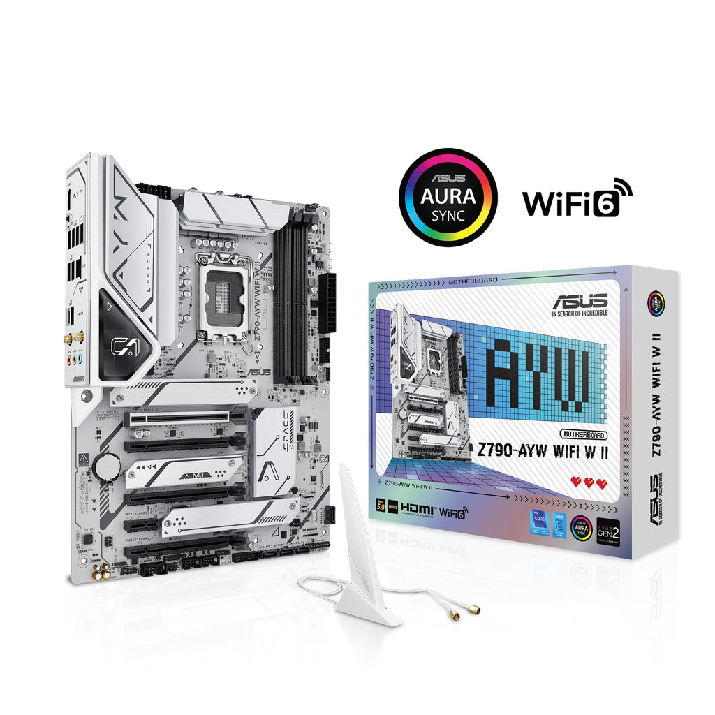 ASUS Z790-AYW WiFi W II Intel Z790 (LGA 1700) ATX Motherboard with PCIe® 5.0, 3X M.2, 12+1 DrMOS, DDR5, WiFi 6, 2.5Gb LAN, HDMI, USB 10Gbps Type-C®, USB 10Gbps Type-C®, Thunderbolt™, USB4®, Aura Sync