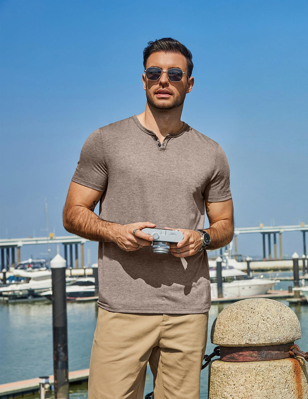 COOFANDY Men's Soft T Shirts Short Sleeve Burnout Notch Neck Tee Shirt Casual Stylish Summer Wear Khaki