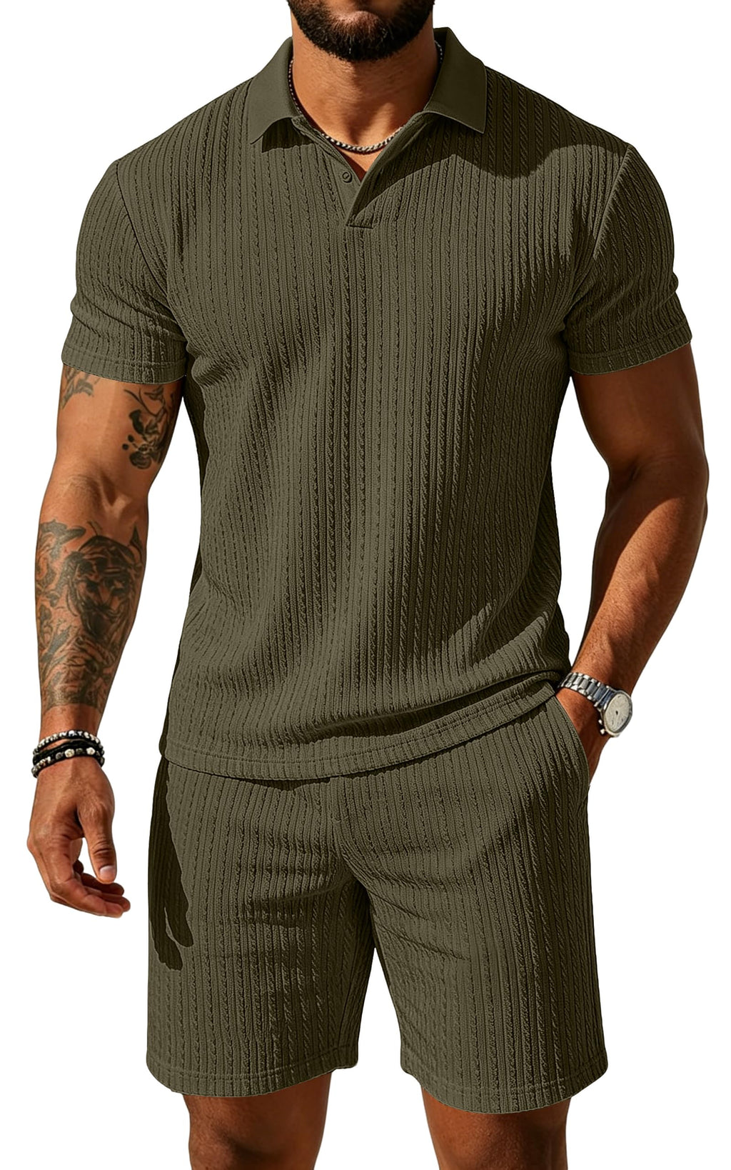 UOUA Mens Shorts Set Twisted Texture Polo Shirt & Shorts Casual 2 Piece Summer Outfits Short Sleeve Vacation Set Army-Green M