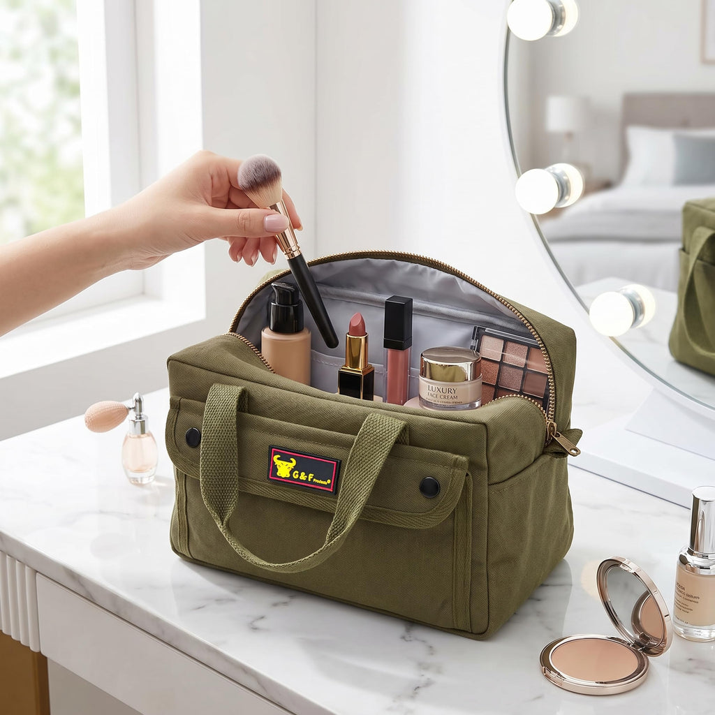 Waxed Canvas Duffle Bag, 11" Small Compact Travel & Tool Bag, Military Style Water-Resistant Canvas with Adjustable Shoulder Strap & Double Zipper, Gym/Overnight Carry Organizer, Olive Green
