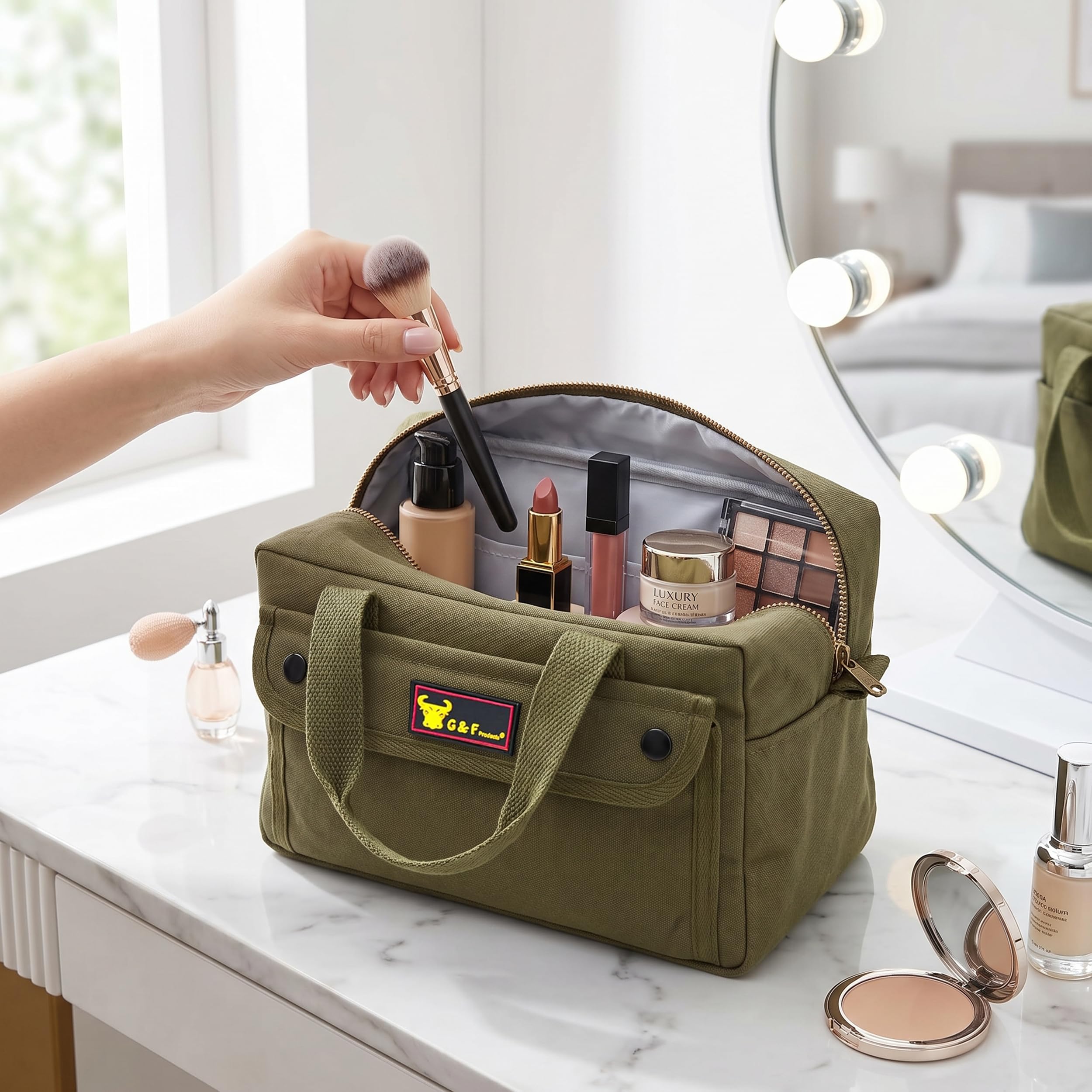 Waxed Canvas Duffle Bag, 11" Small Compact Travel & Tool Bag, Military Style Water-Resistant Canvas with Adjustable Shoulder Strap & Double Zipper, Gym/Overnight Carry Organizer, Olive Green