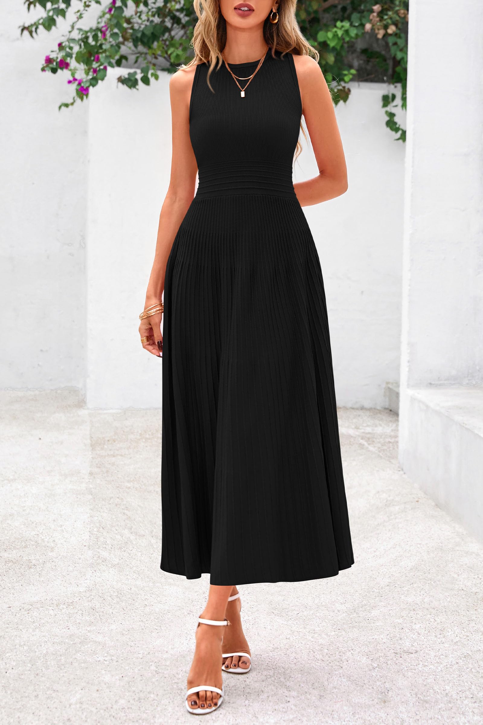 PRETTYGARDEN Spring Casual Dresses for Women 2026 Summer Business Work Midi Sleeveless A Line Pleated Cocktail Dress(Black,Medium)