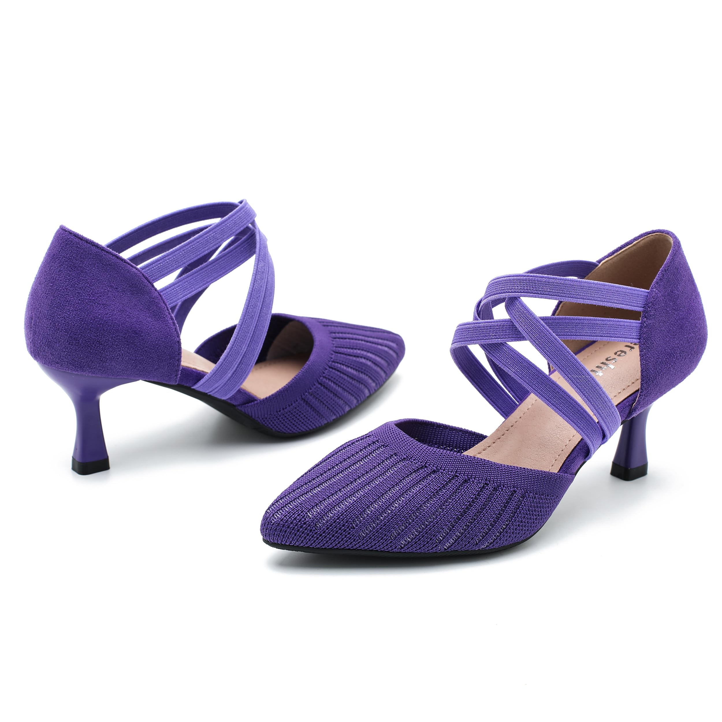 Women's Pointed Toe Kitten Heel Pumps, Elastic Cross Strap, Knit Slip On Dress Shoes Purple 40 - Insole Length: 25cm/9.84 inch - US 8